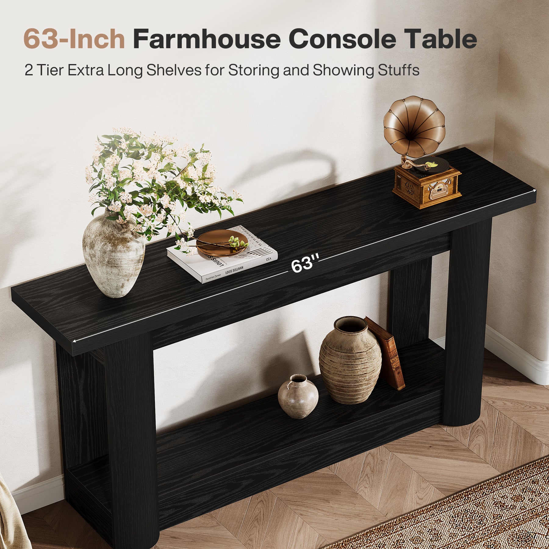 160 cm Landelijke Console met 2 Planken, Smalle Lange Salontafel in Rustiek Bruin voor Hal en Entree