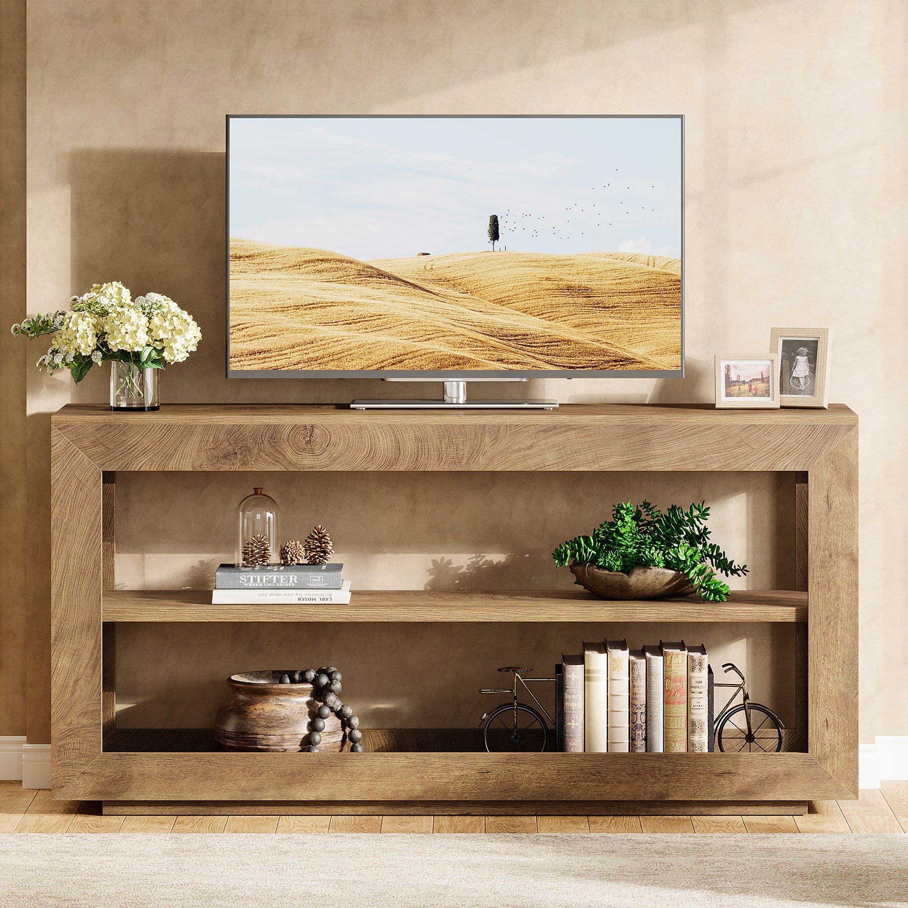 160 cm Consoletafel met 3 Lagen Opslag, Landelijke Haltafel voor Woonkamer Gang Bruin