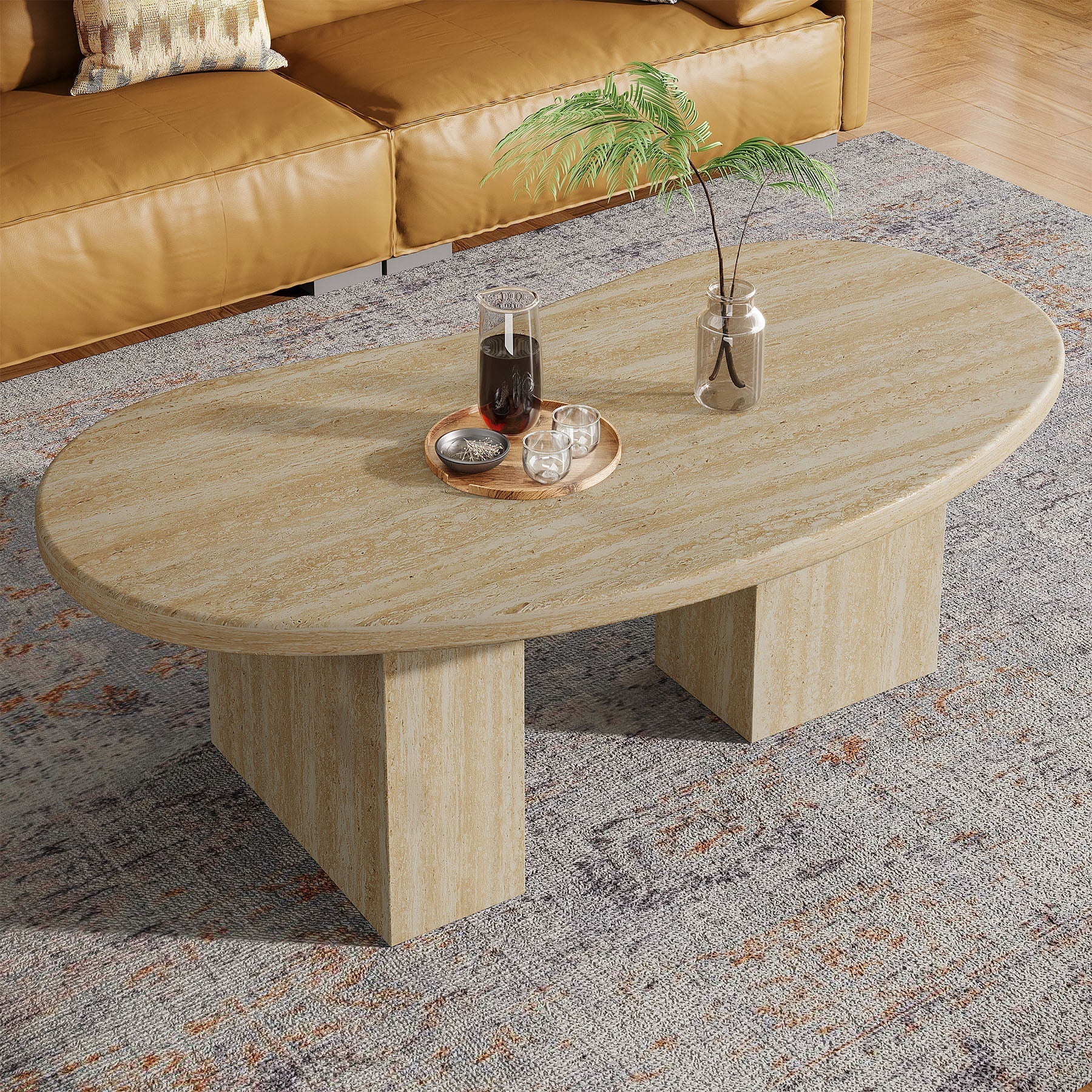 115 cm Ovale Salontafel, Grote Houten Cocktailtafel met Asymmetrische Voet in Eiken