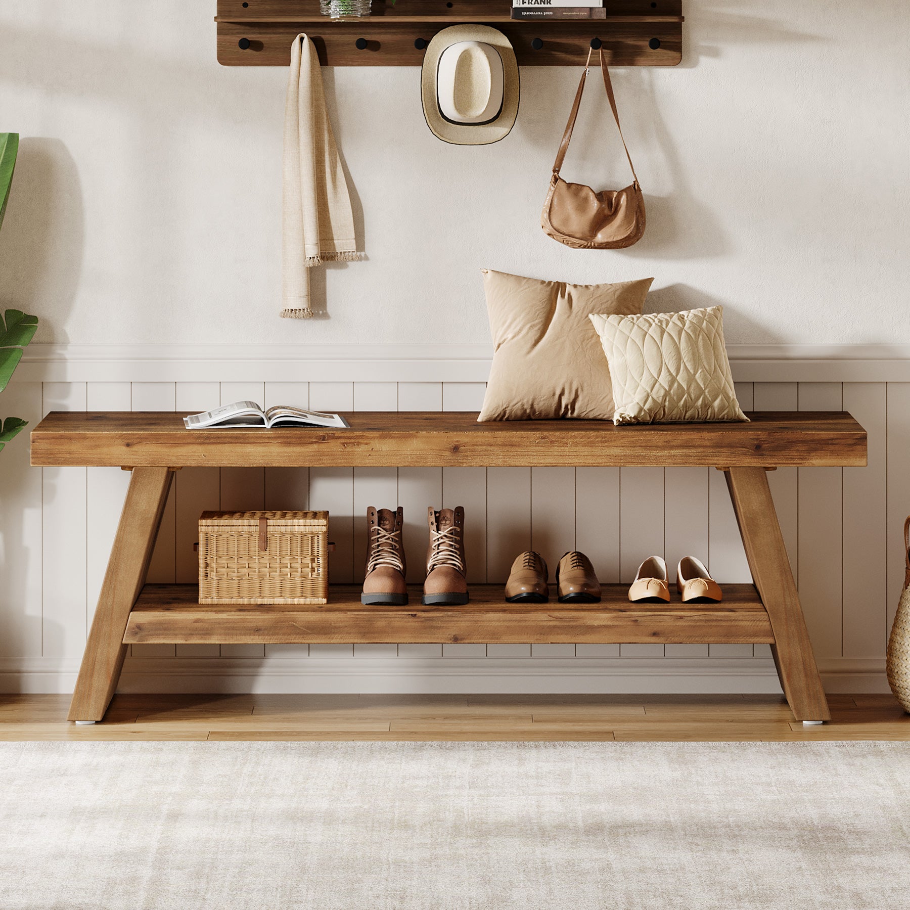 120 cm Massief Houten Schoenenbank in Rustiek Bruin