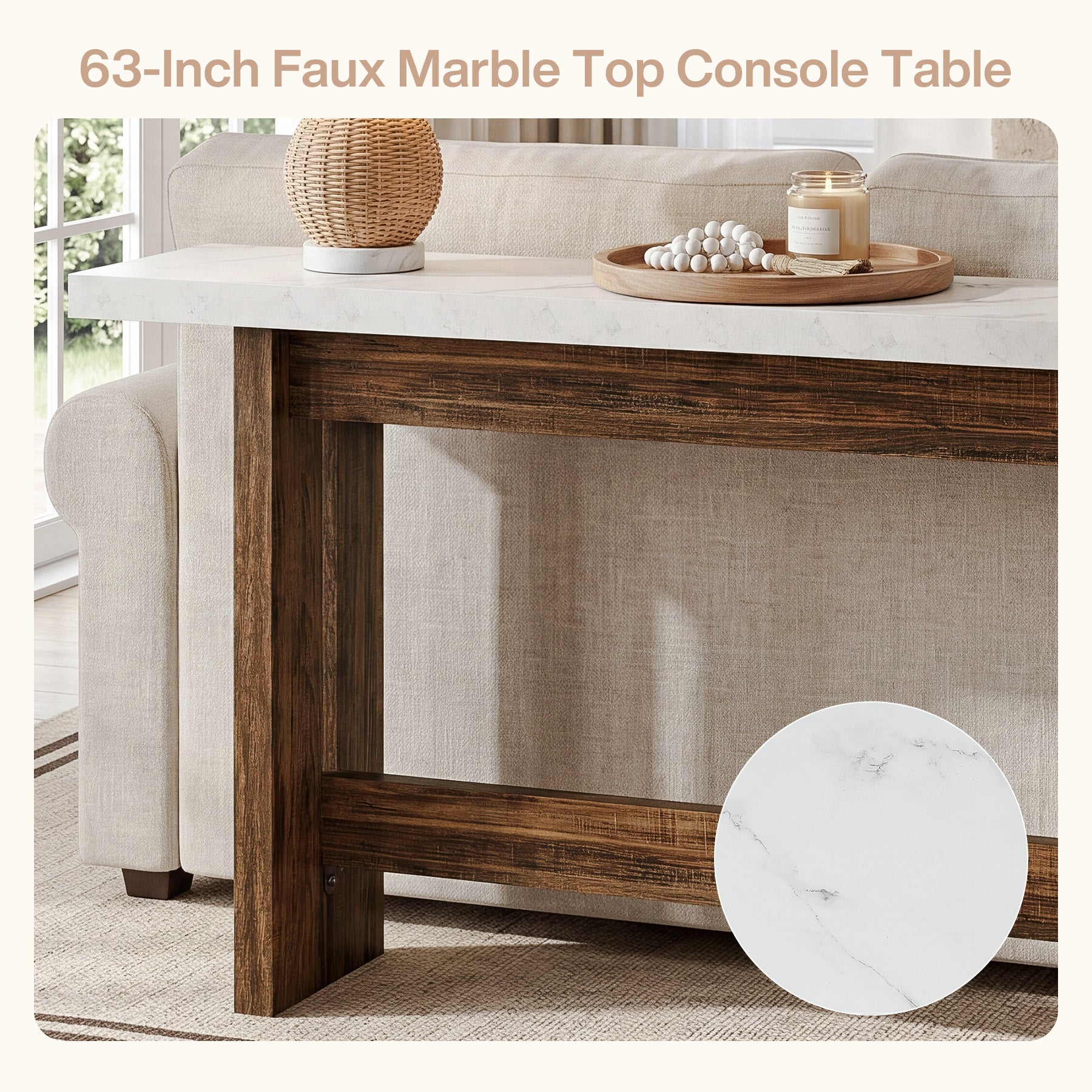 160 cm farmhouse consoletafel met marmerlook blad, smalle sidetable voor entree en woonkamer