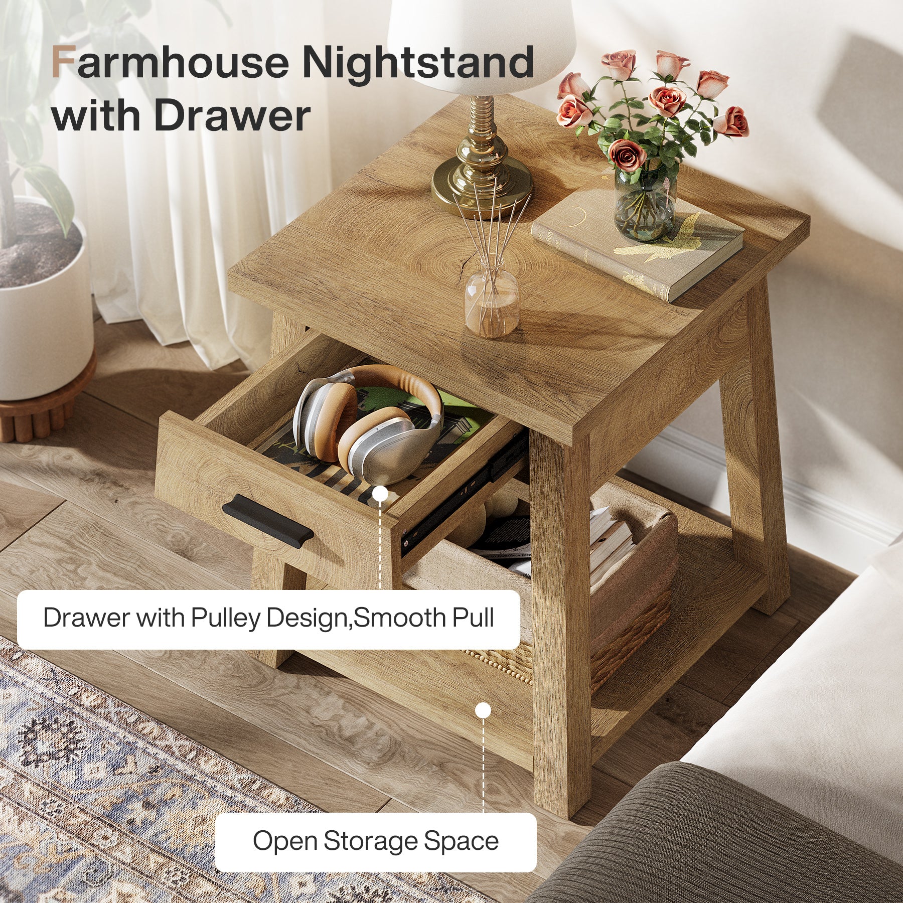 50 cm Tribesigns nachtkastje met lade, rustieke bedtafel met open plank voor slaapkamer