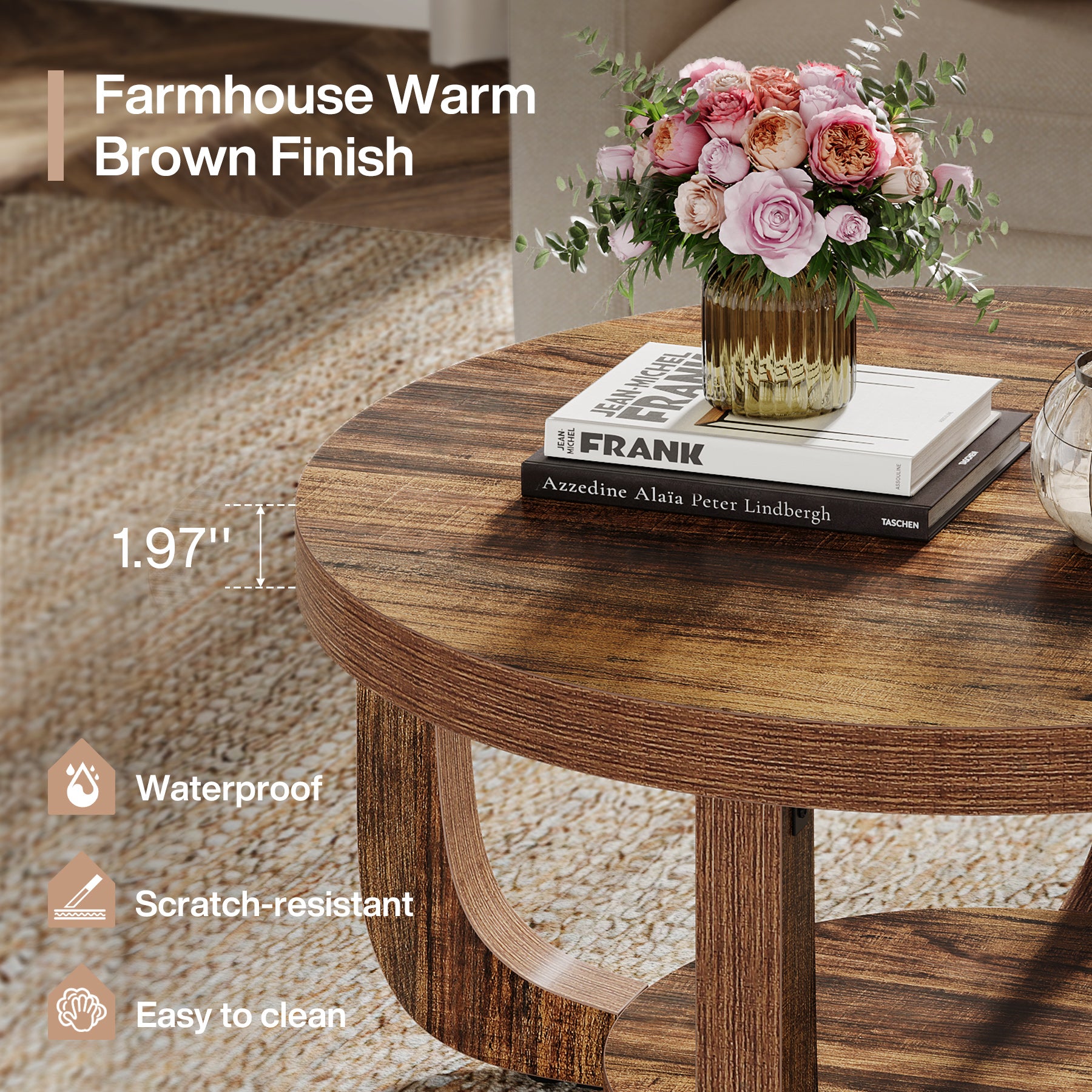 Ronde Salontafel van 80 cm met 2 Lagen en Opbergruimte, Moderne Houten Accenttafel in Rustiek Bruin voor Woonkamer