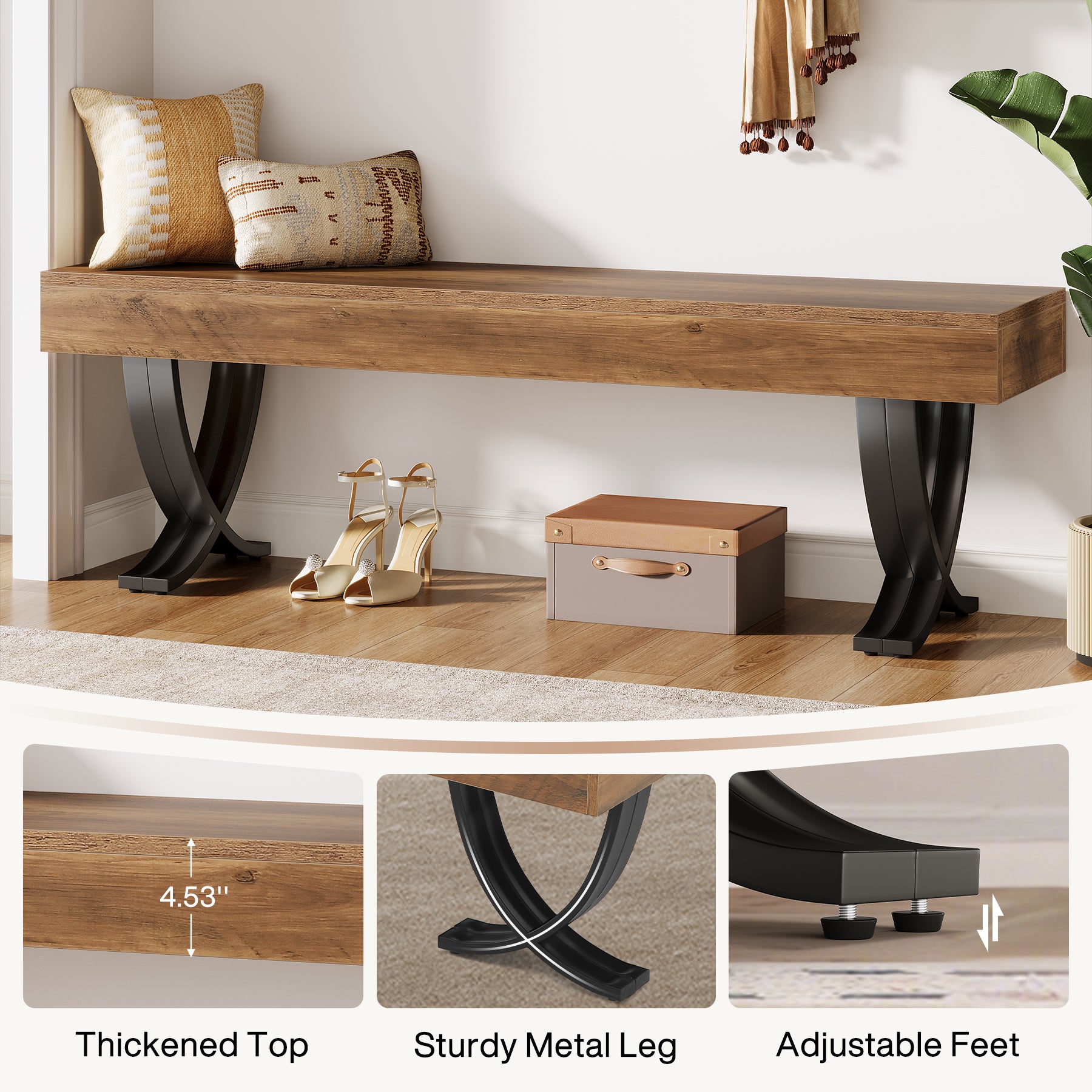 140 cm Tribesigns industriële schoenenbank met metalen X-poten, lange halbank voor slaapkamer woonkamer en gang