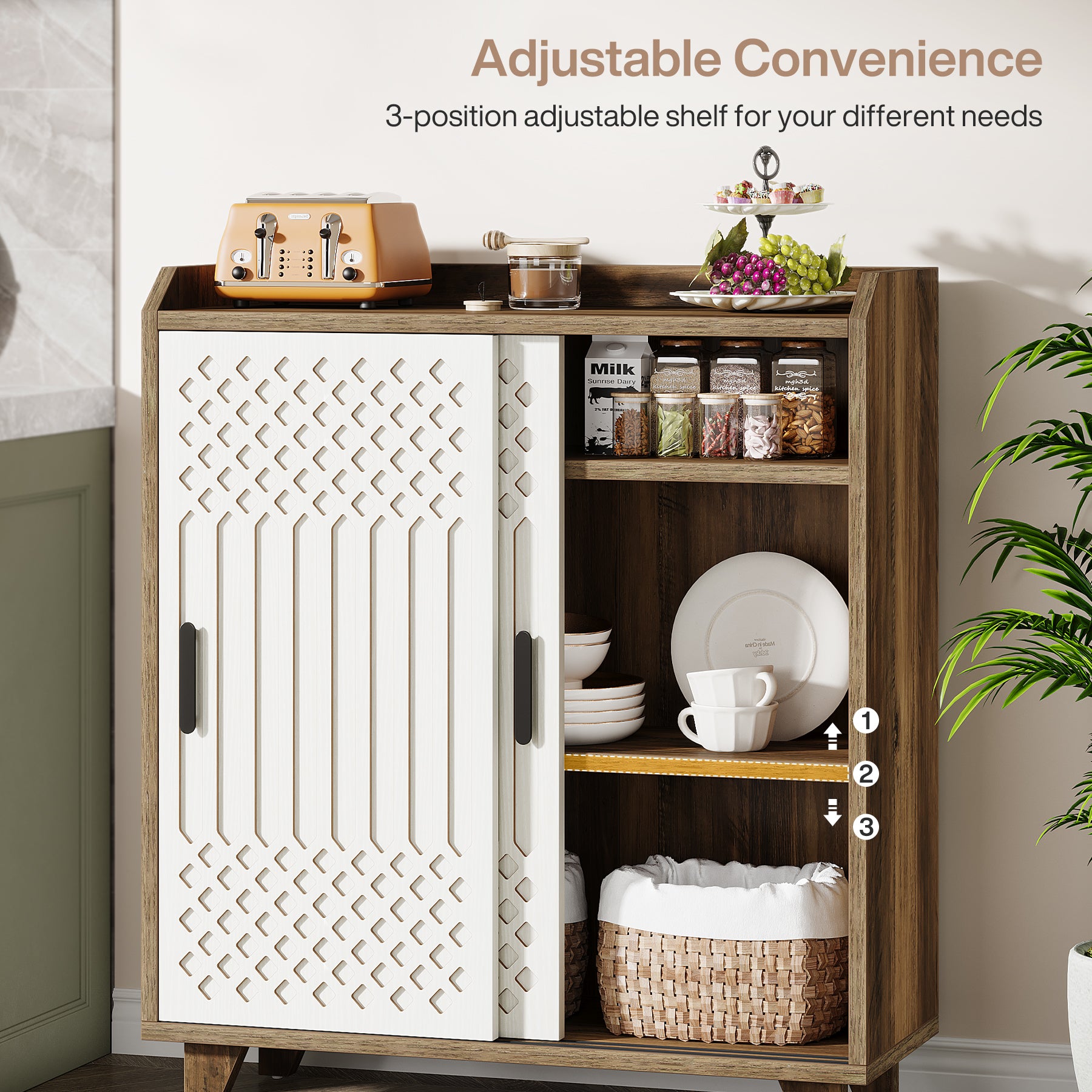 90 cm Keukenkast, Landelijke Buffet met Schuifdeuren en Geometrisch Patroon