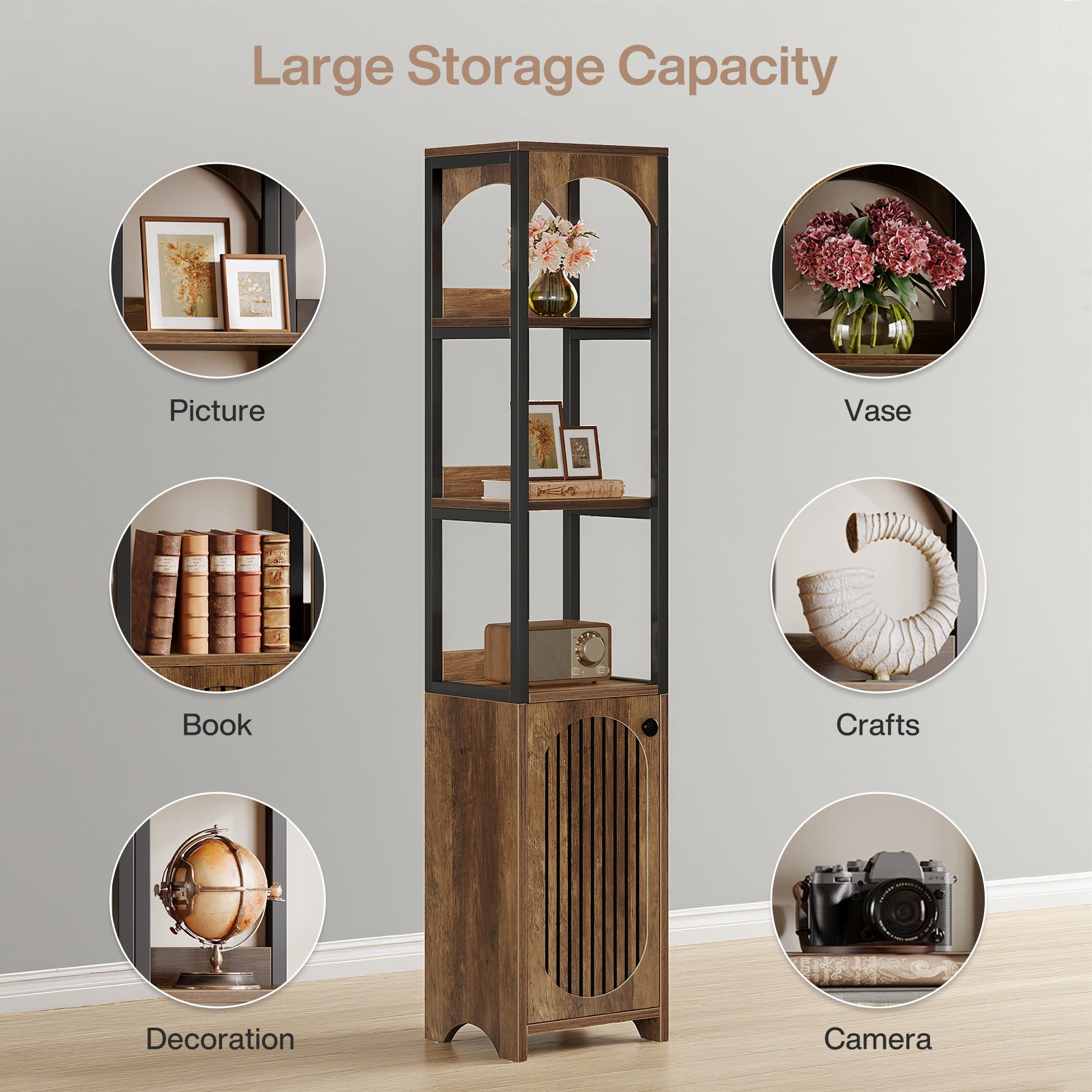 180 cm Hoge Boekenkast, Industriële Hoekkast met Lamellendeur voor Woonkamer en Kantoor