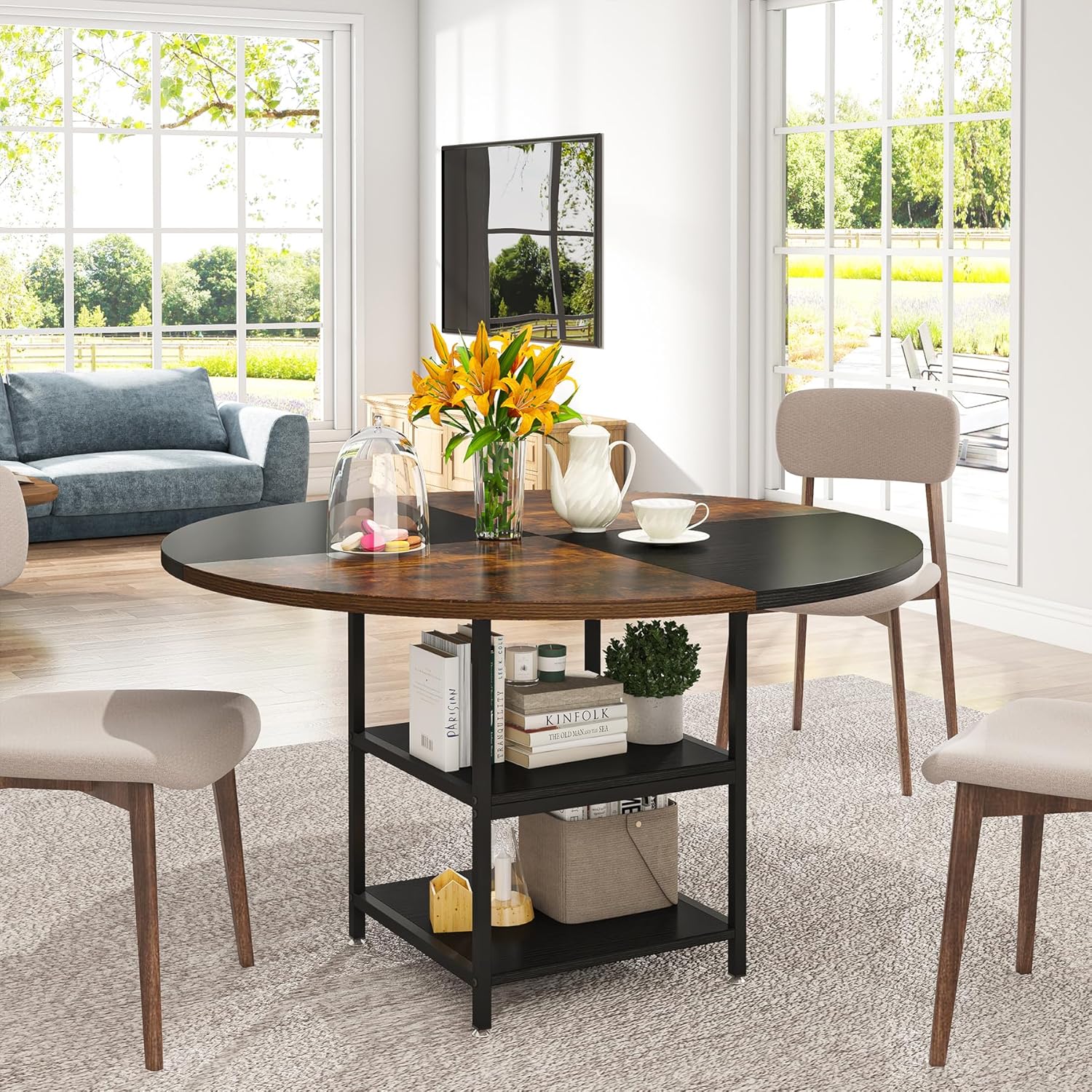 Ronde Eettafel voor Vier Personen, Met Handige Opbergplank in Rustiek Bruin en Zwart