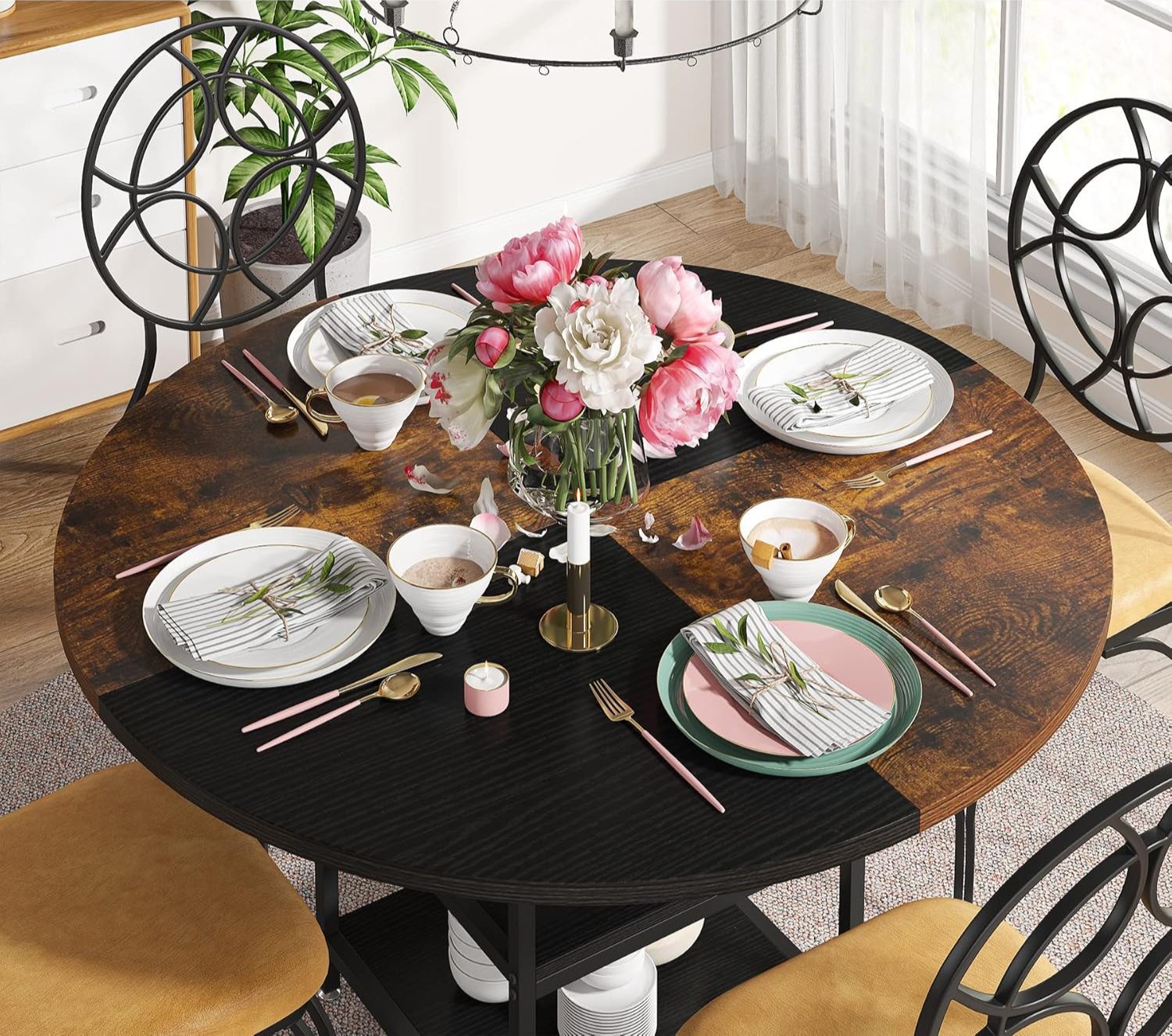 Ronde Eettafel voor Vier Personen, Met Handige Opbergplank in Rustiek Bruin en Zwart