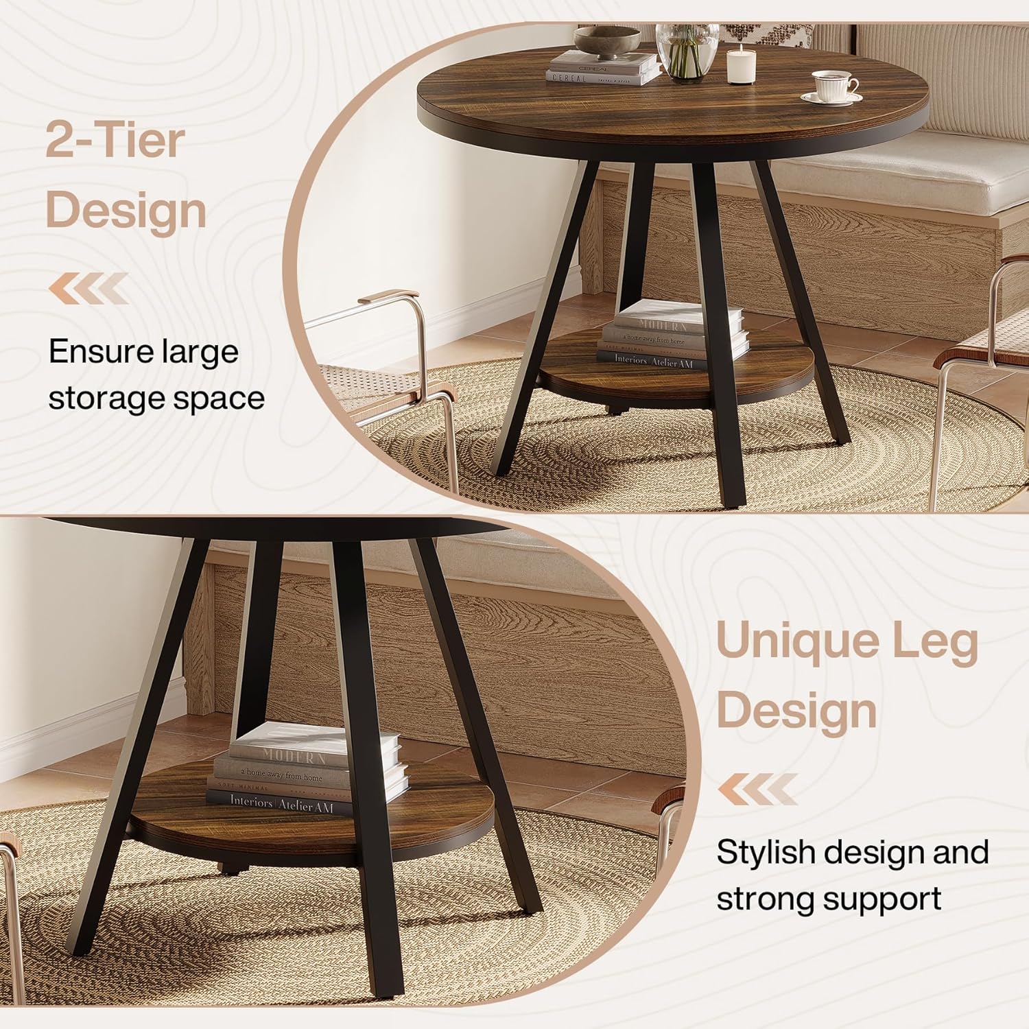 90cm Ronde Eettafel voor 4 Personen, Landhuisstijl met Metalen Poten voor Keuken en Woonkamer in Bruin