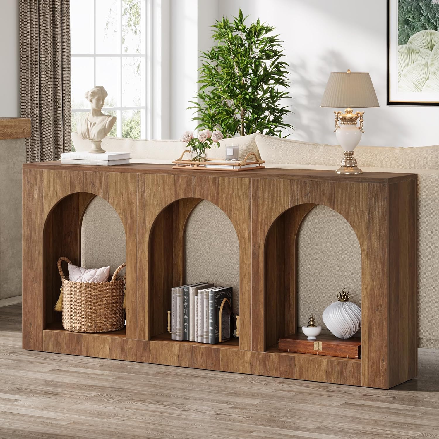 160 cm Console Tafel, Houten Tafel met 3 Boogvormige Planken