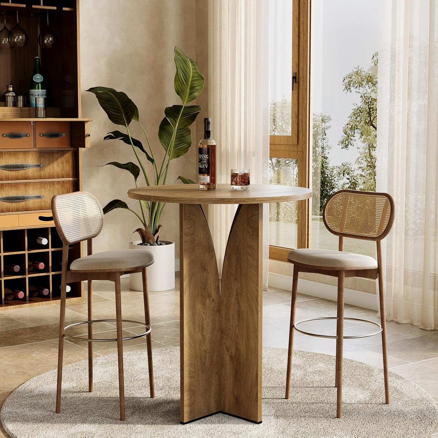 80cm Ronde Bartafel met Staatafelhoogte, Massief Houten Bar voor Bistro en Woonkamer in Bruine Afwerking