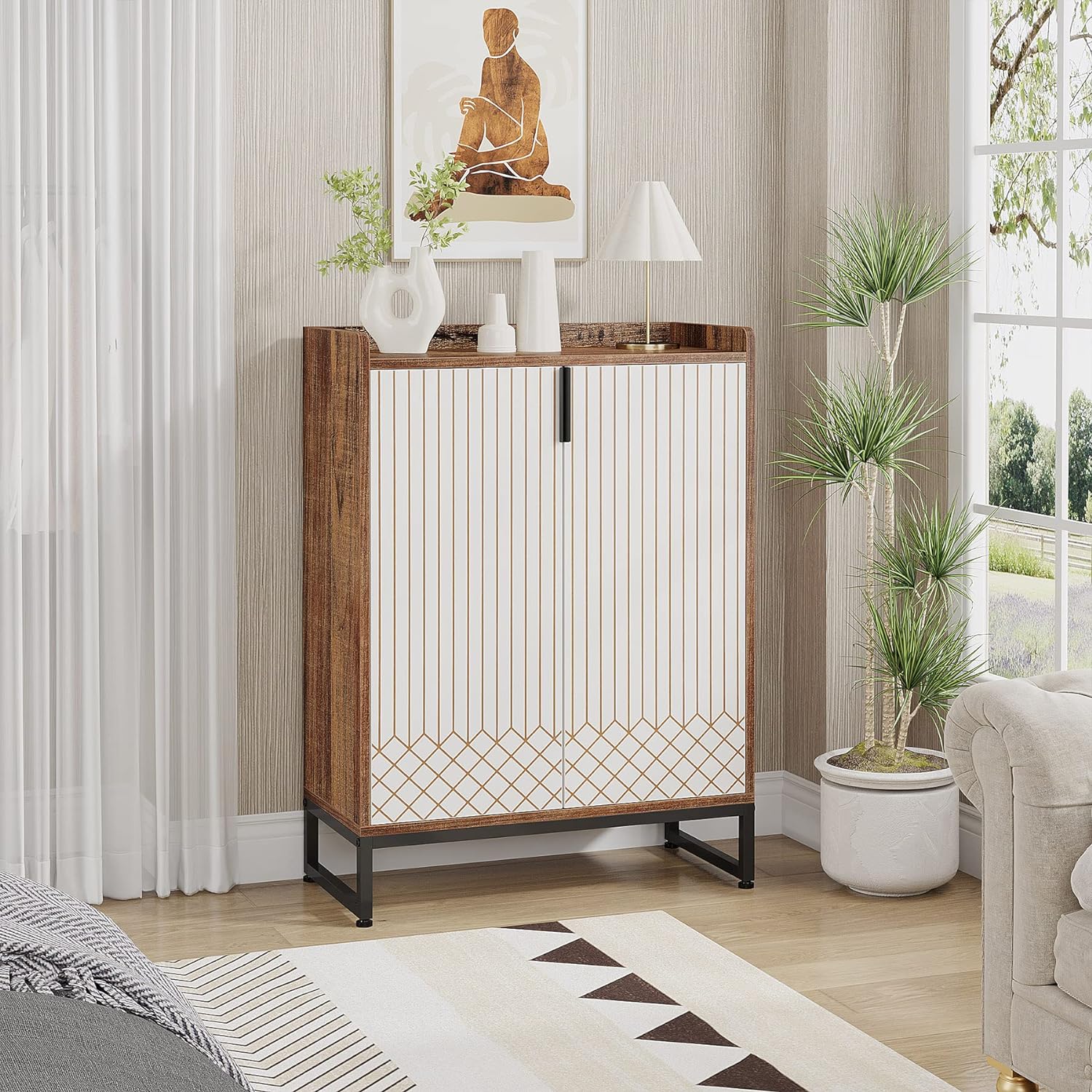 75x35x105 cm moderne schoenenkast, met 2 deuren en 5 laden voor een opgeruimde entree of slaapkamer