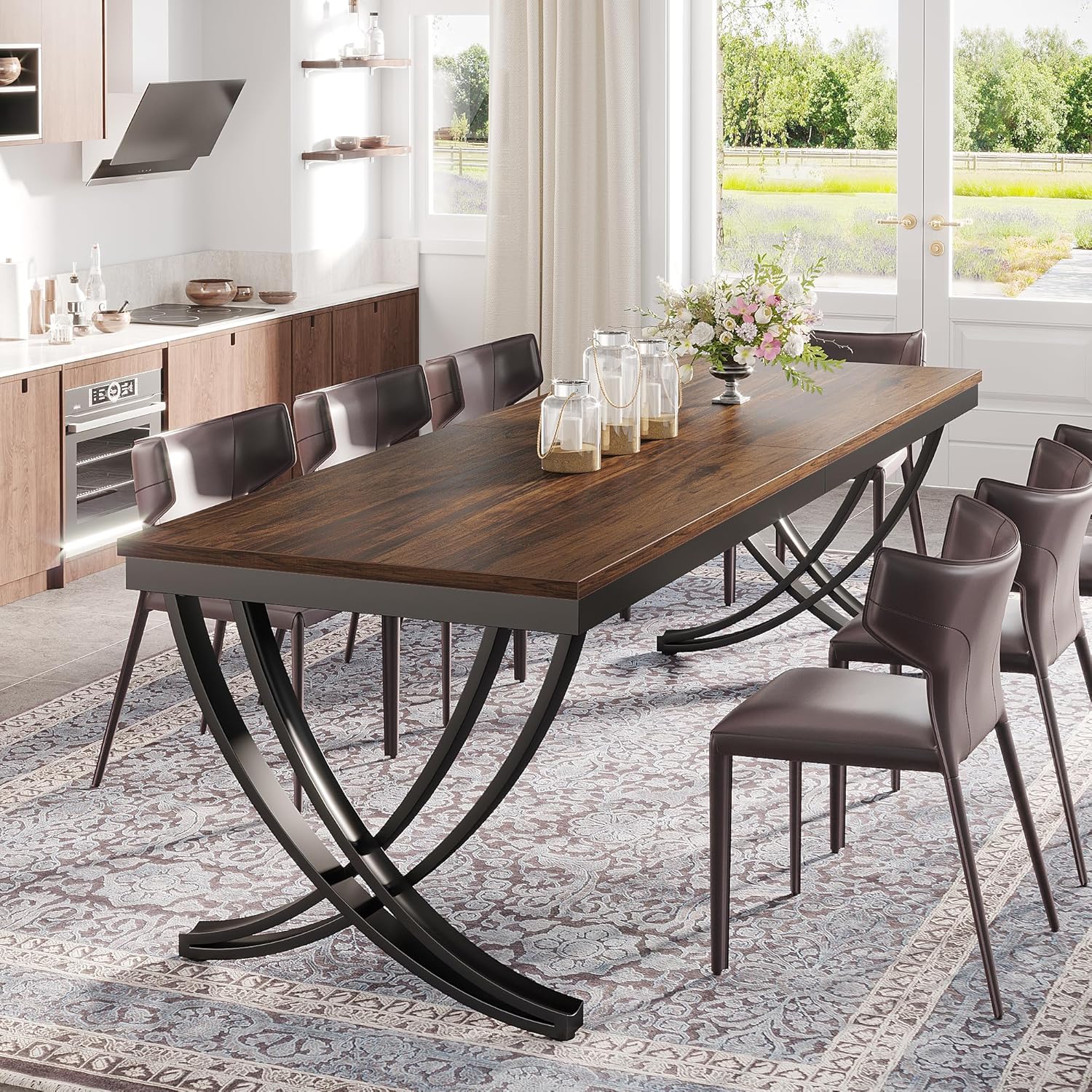 200 cm Landelijke Eettafel, Grote Houten Tafel met Metalen Poten voor Zes tot Acht Personen