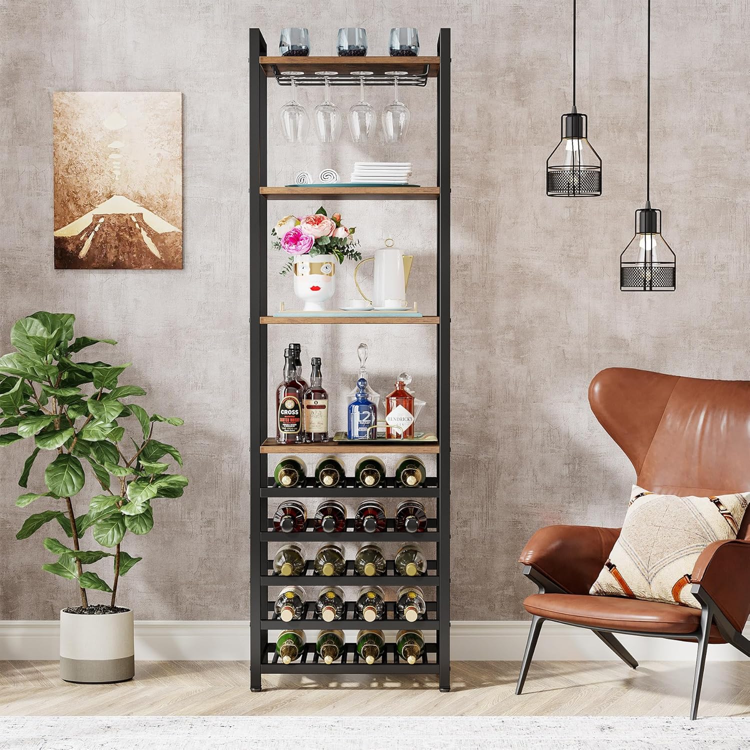 180 cm Wijnrek, Multifunctionele Opbergkast met Negen Planken en Glasopberging