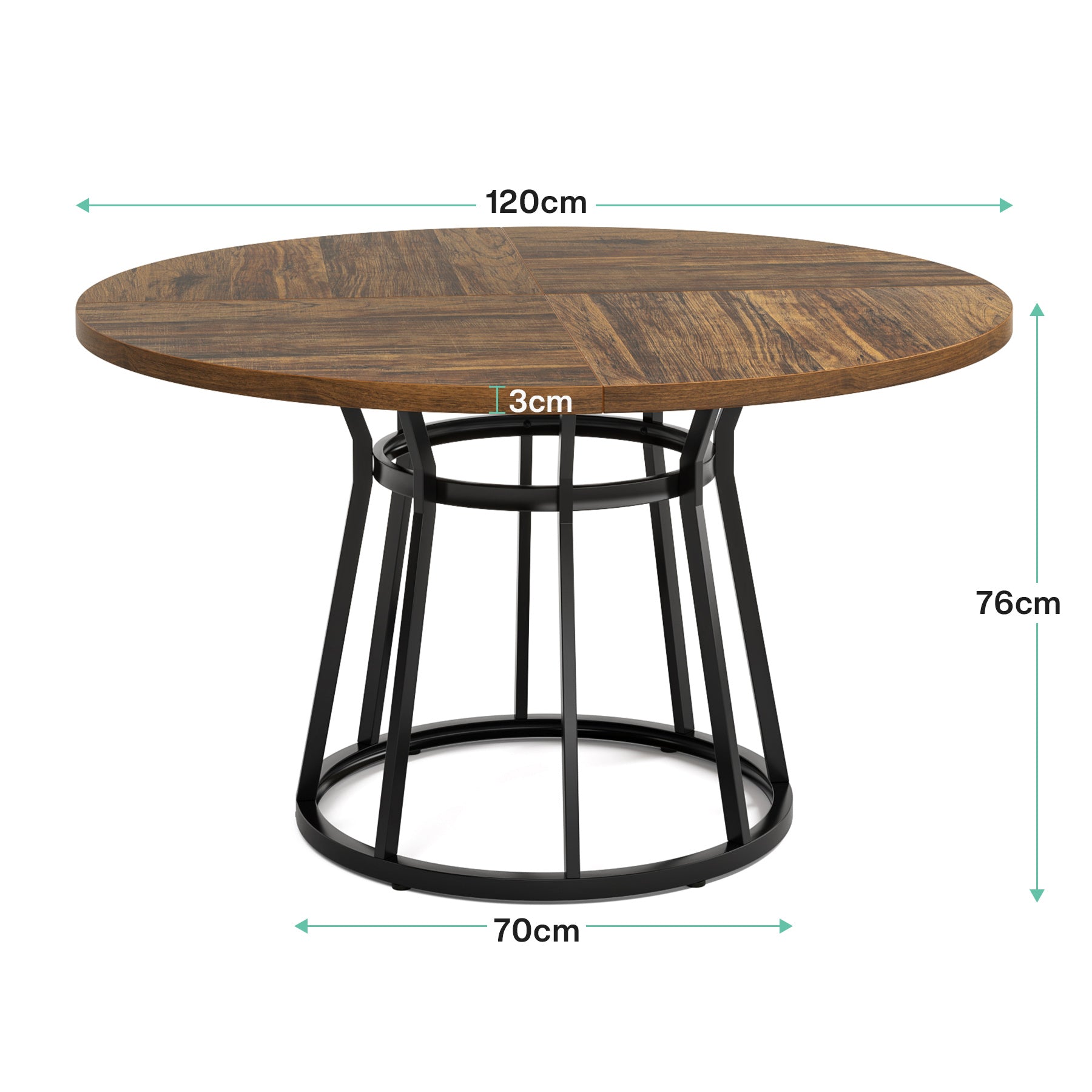 120 cm Ronde Eettafel, Vierpersoons Tafel met Metalen Onderstel voor Keuken en Woonkamer