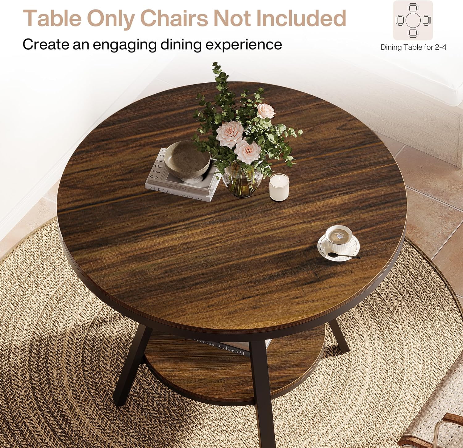 90cm Ronde Eettafel voor 4 Personen, Landhuisstijl met Metalen Poten voor Keuken en Woonkamer in Bruin