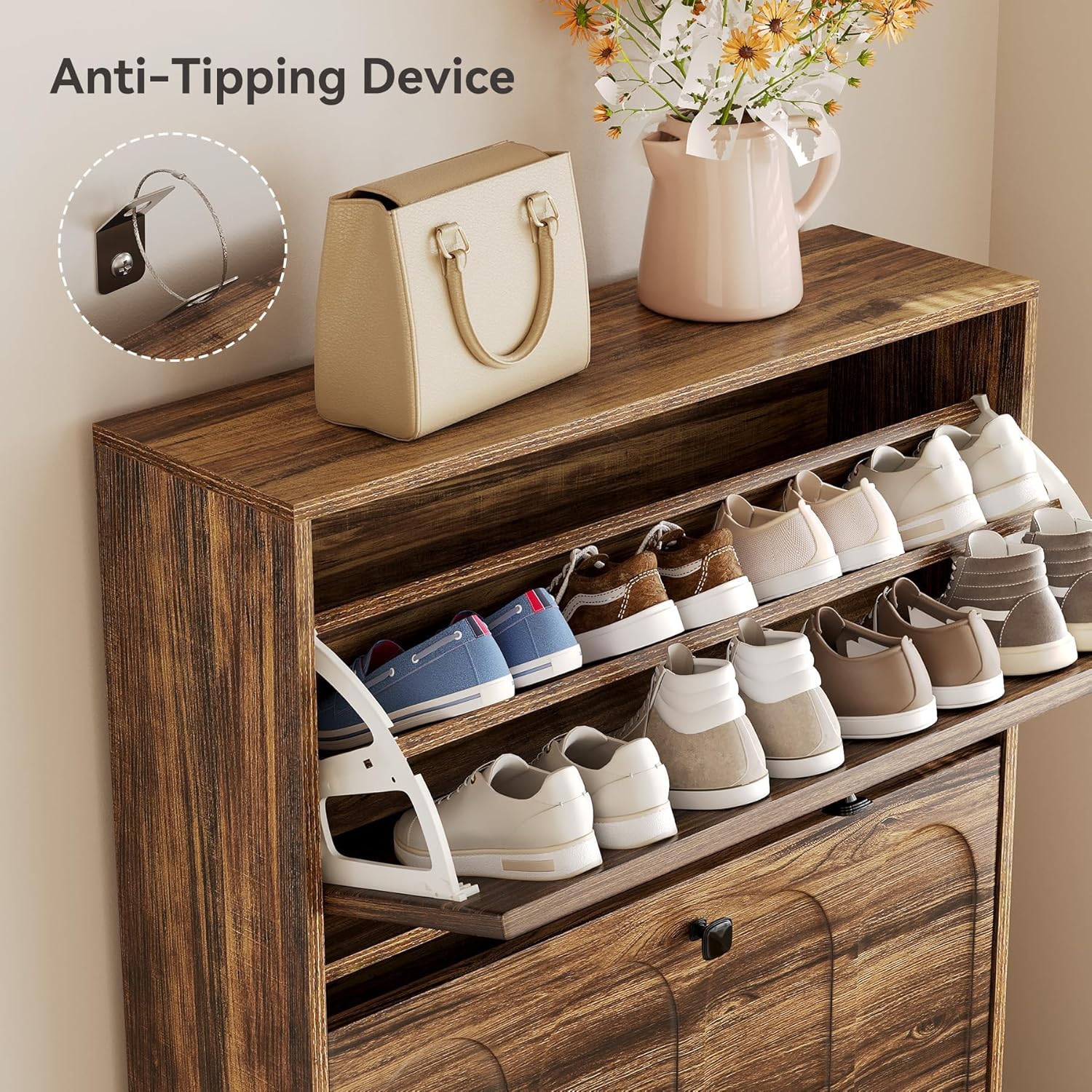 100 cm Schoenenkast, Smalle Opbergmeubel met Twee Lades voor Hal en Entree