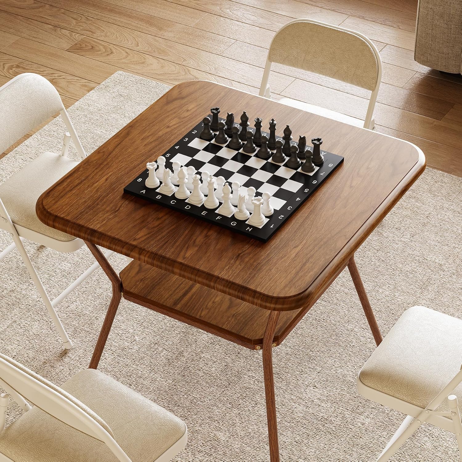 80cm Vierkante Eettafel voor 2-4 Personen, Met Kindveilige Afgeronde Hoeken en Dubbel Opbergrek in Walnootbruin