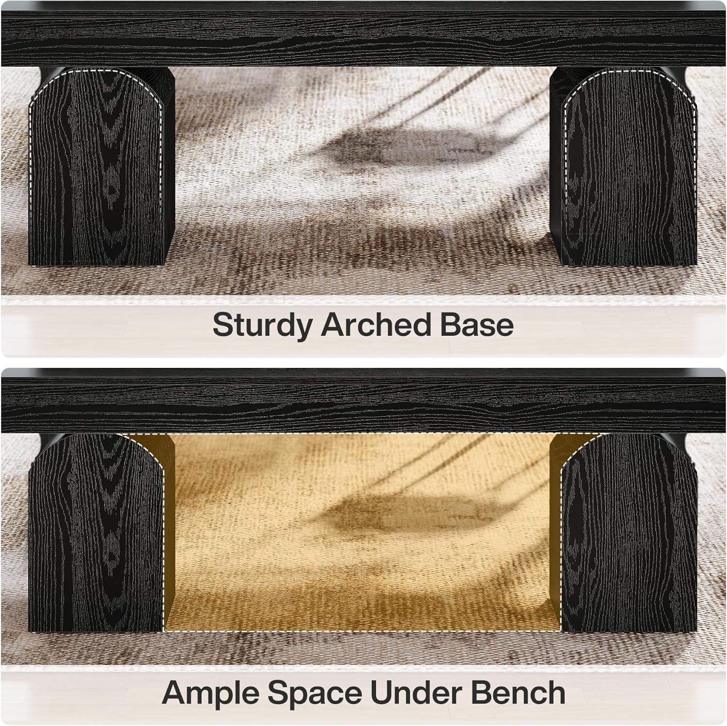 Eetkamerbank van 150 cm voor 2–3 Personen met Gebogen Basis, Moderne Zwarte Houten Bank voor Keuken en Woonkamer