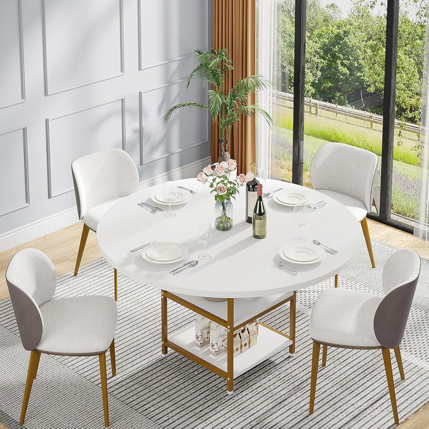 Ronde Eettafel voor Vier Personen, Met Handige Opbergplank in Rustiek Bruin en Zwart