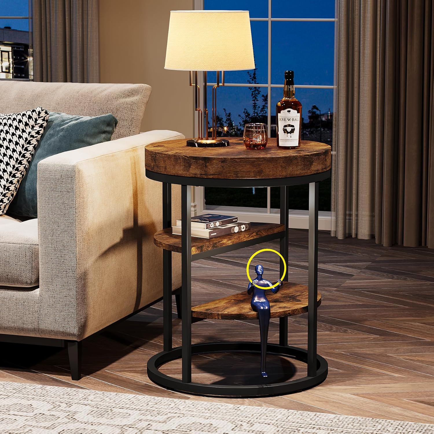 50 cm Ronde Bijzettafel met 3 Opbergplanken, Industriële Sofa- en Nachtkasttafel in Rustiek Bruin