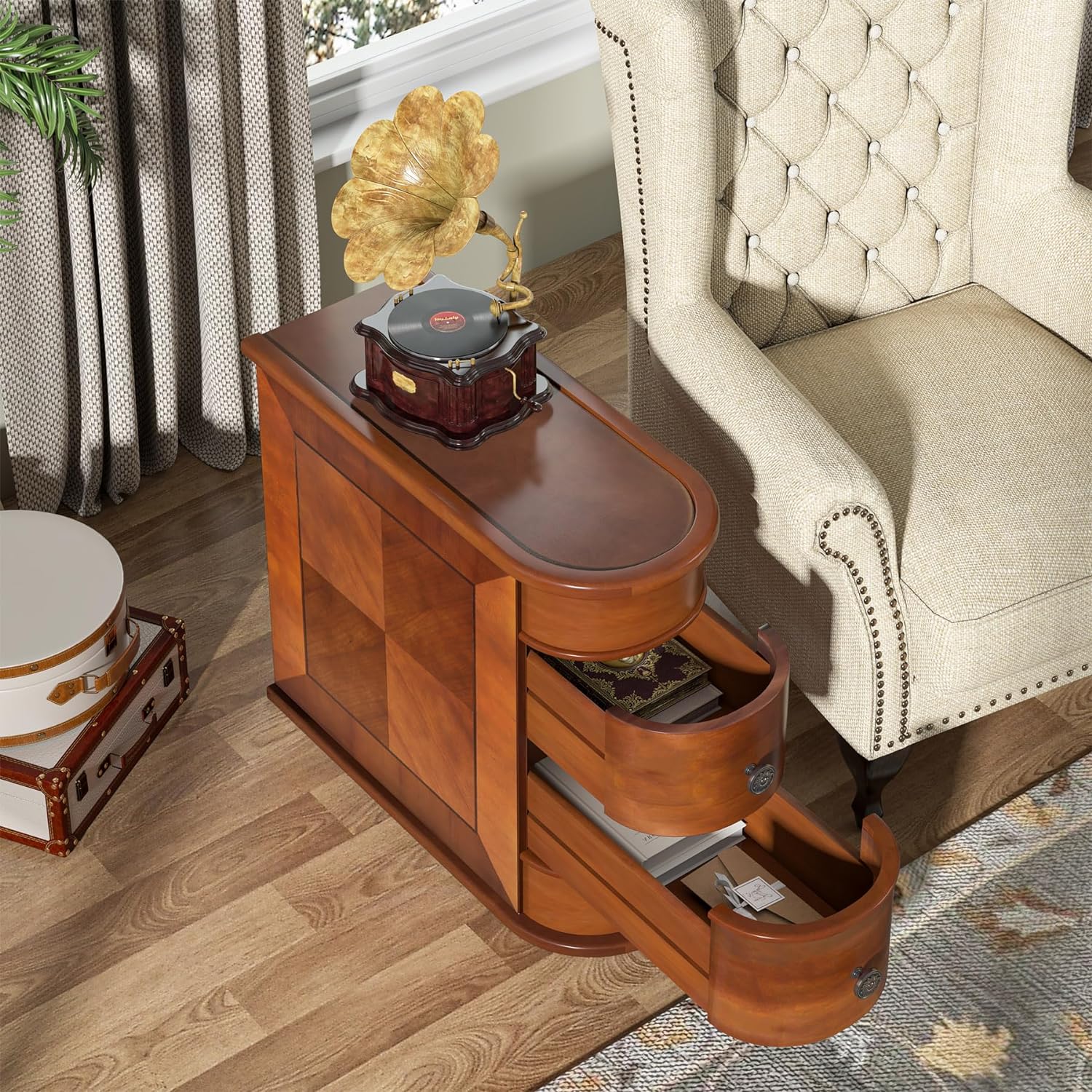 60 cm Bijzettafel met Twee Lades, Vintage Nachtkastje zonder Montage voor Woonkamer