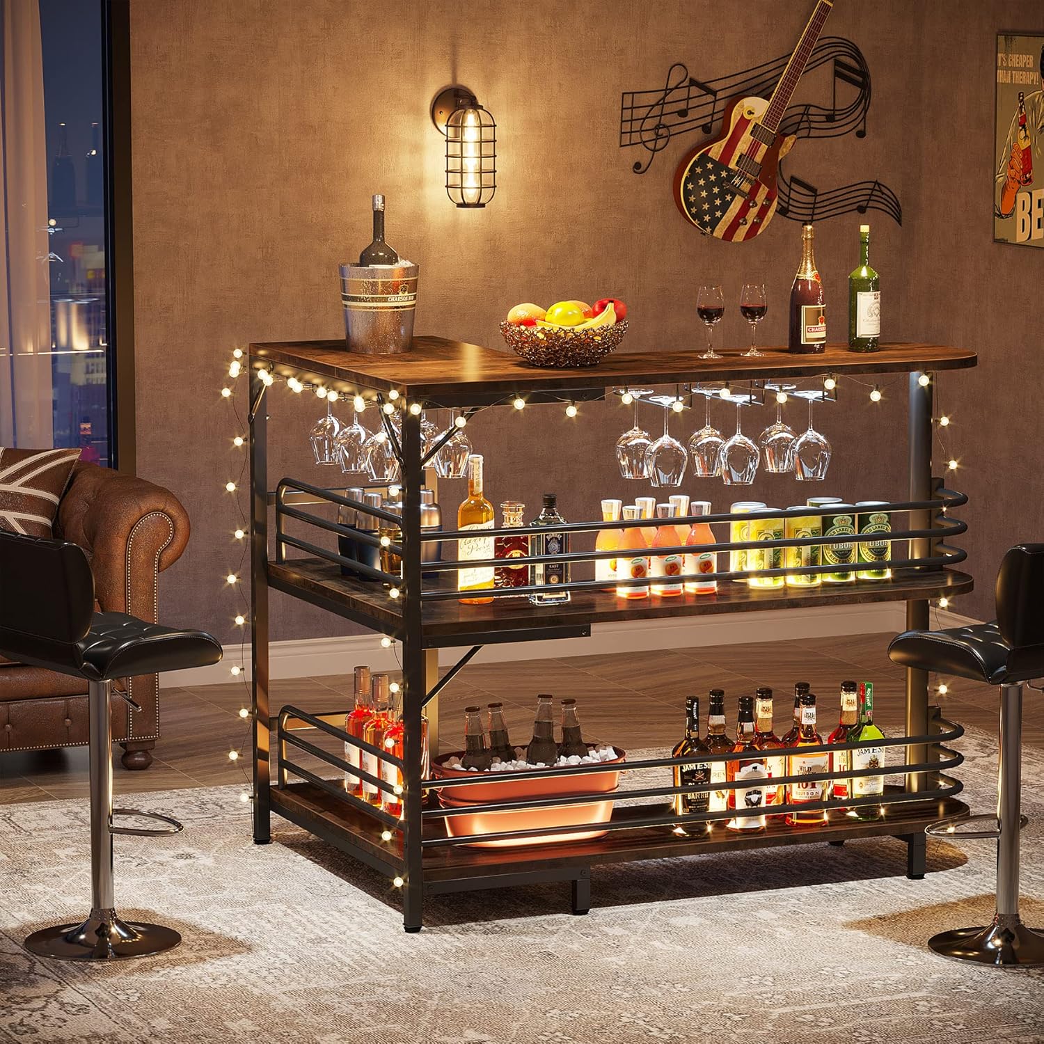 120 cm L-vormige homebar, Industriële hoekbar met 3 planken en wijnrek in landelijk bruin