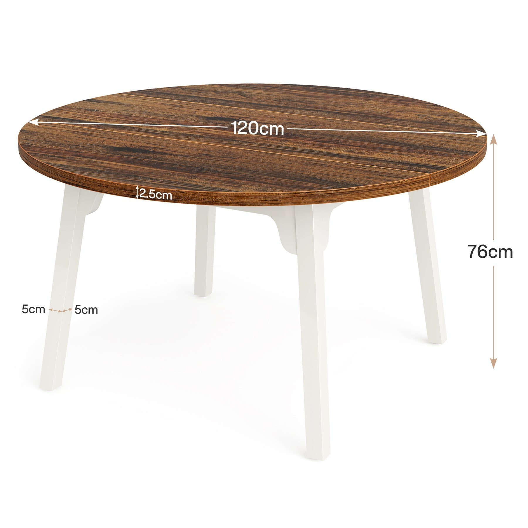 120 cm Ronde industriële eettafel voor 4-6 personen, Bruin met witte blad en massief houten poten