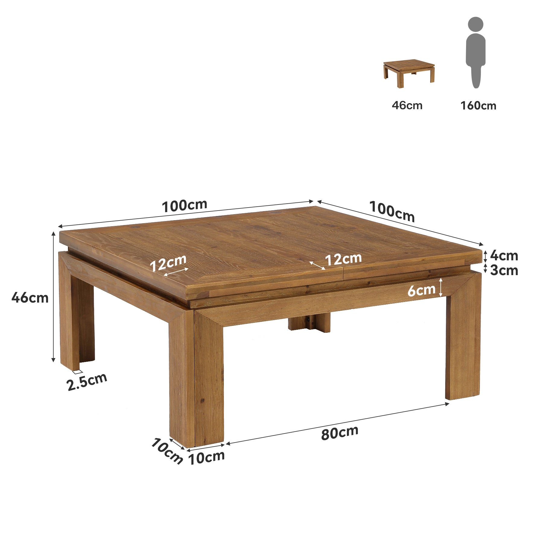 100 x 100 x 46 cm Tribesigns vierkante salontafel van massief hout met verzonken rand, landelijke middentafel voor woonkamer
