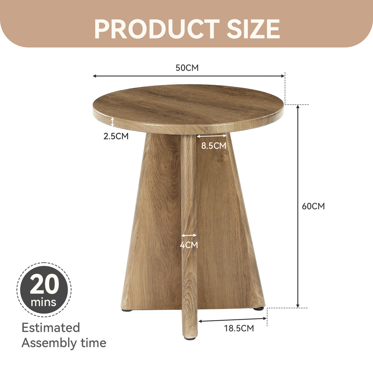 50 cm Tribesigns ronde bijzettafel met sculpturale kruispoot, moderne tafel in lichte houtlook voor woonkamer en slaapkamer