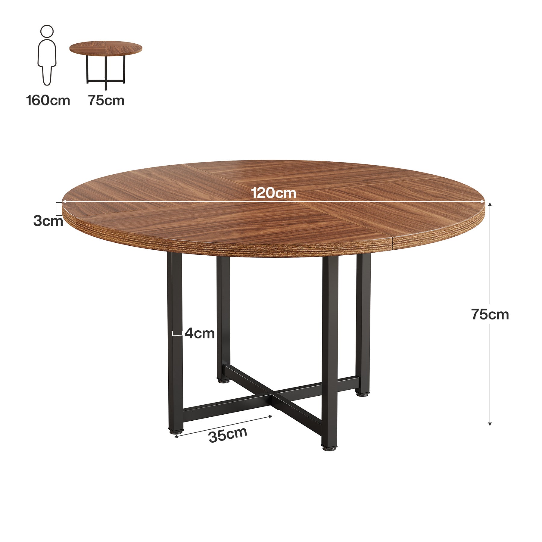 Tribesigns 120 cm Ronde Eettafel voor 4-6 Personen, Houten Tafel met Stevige Kruismetalen Poten voor Keuken en Woonkamer