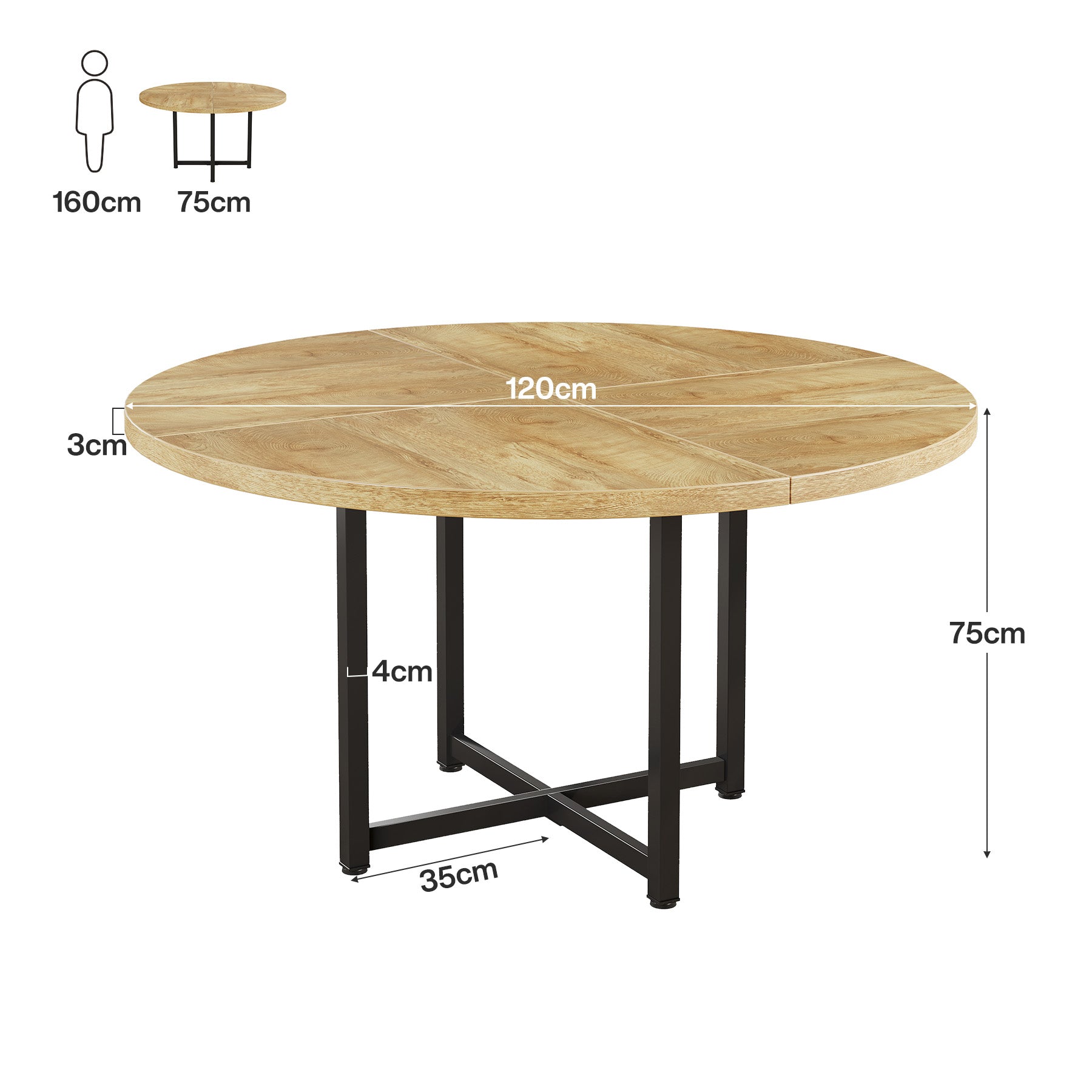 Tribesigns 120 cm Ronde Eettafel voor 4-6 Personen, Houten Tafel met Stevige Kruismetalen Poten voor Keuken en Woonkamer