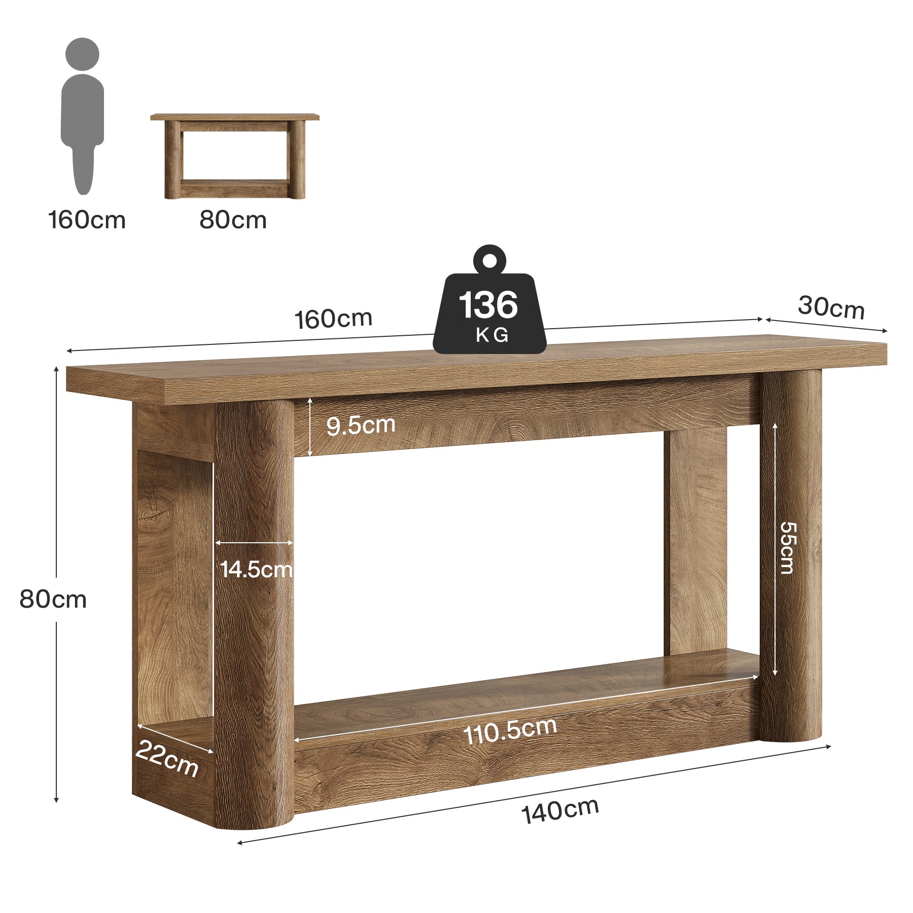 160 cm Landelijke Console met 2 Planken, Smalle Lange Salontafel in Rustiek Bruin voor Hal en Entree