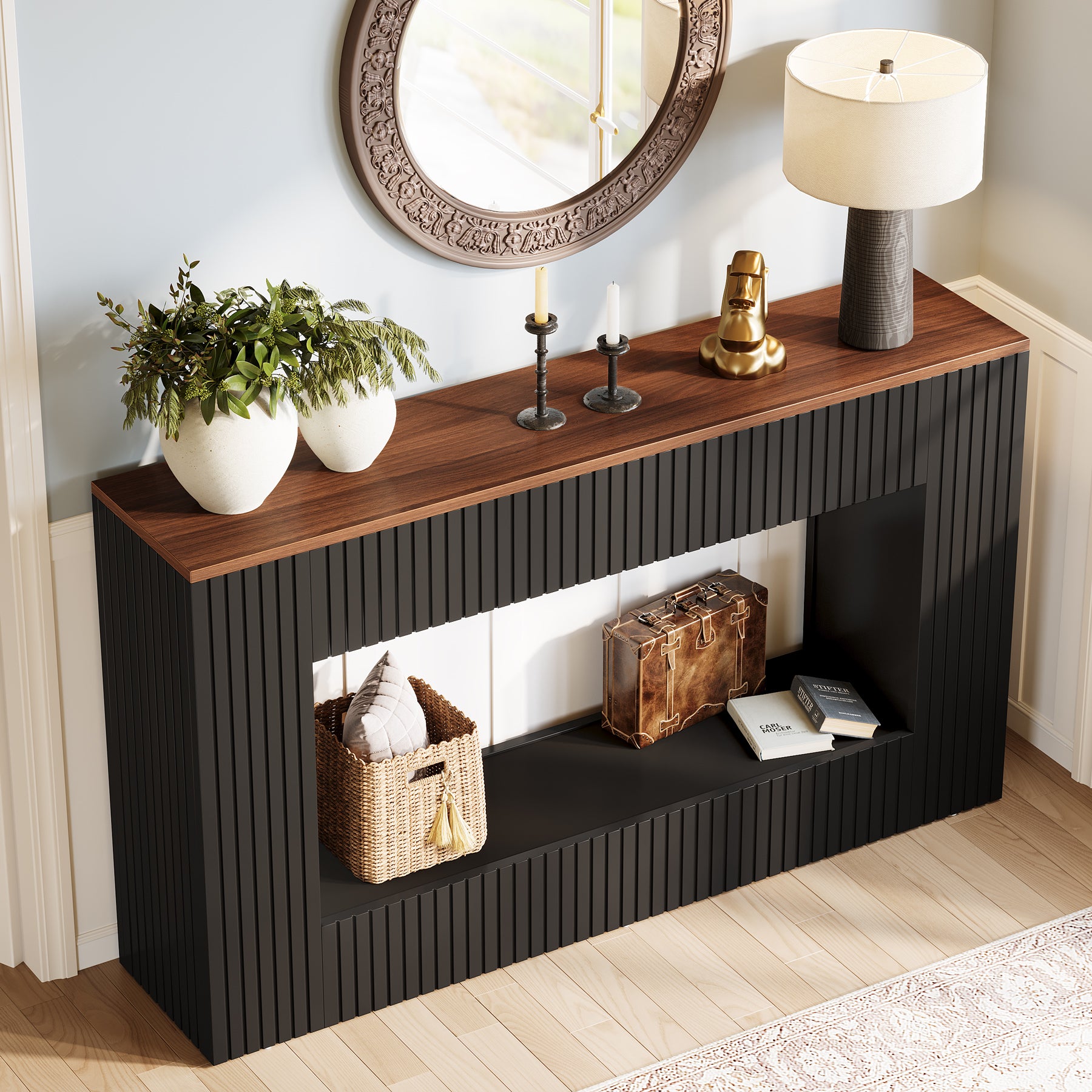 140 cm Moderne Consoletafel met Opbergruimte, Smalle Haltafel voor Woonkamer
