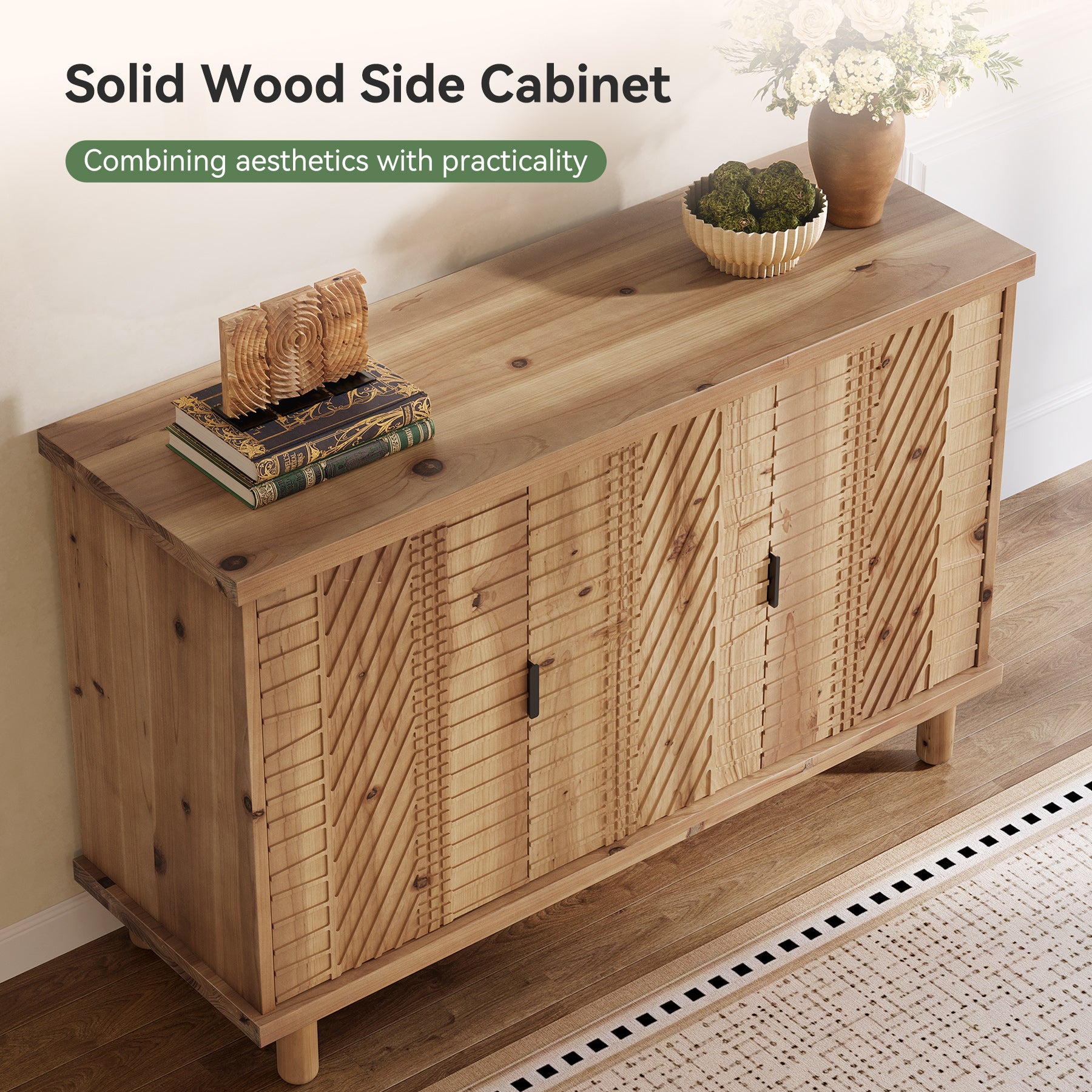 121 x 40 x 80 cm Tribesigns massief houten dressoir met 3 deuren en verstelbare planken, landelijke buffetkast voor keuken eetkamer en entree