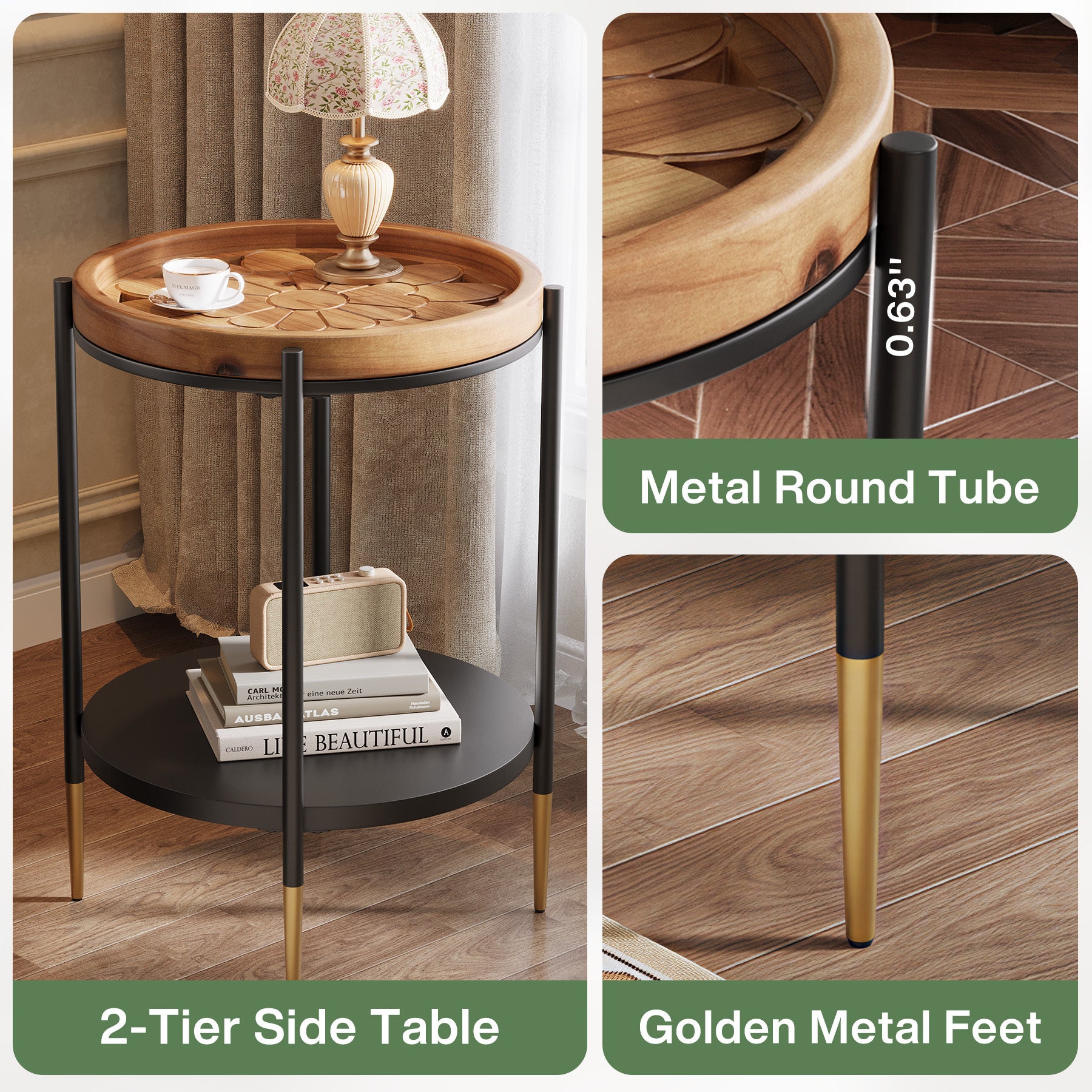 40 cm Ronde Bijzettafel, Industriële Nachtkast met Massief Hout en Metaal