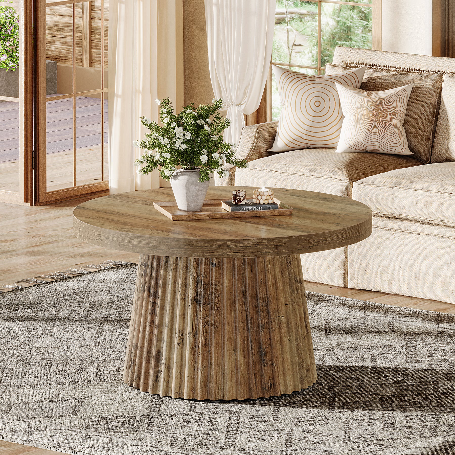 80 cm Ronde Landelijke Salontafel met Gegroefde Trommelvoet, Mid-Century Accent Tafel