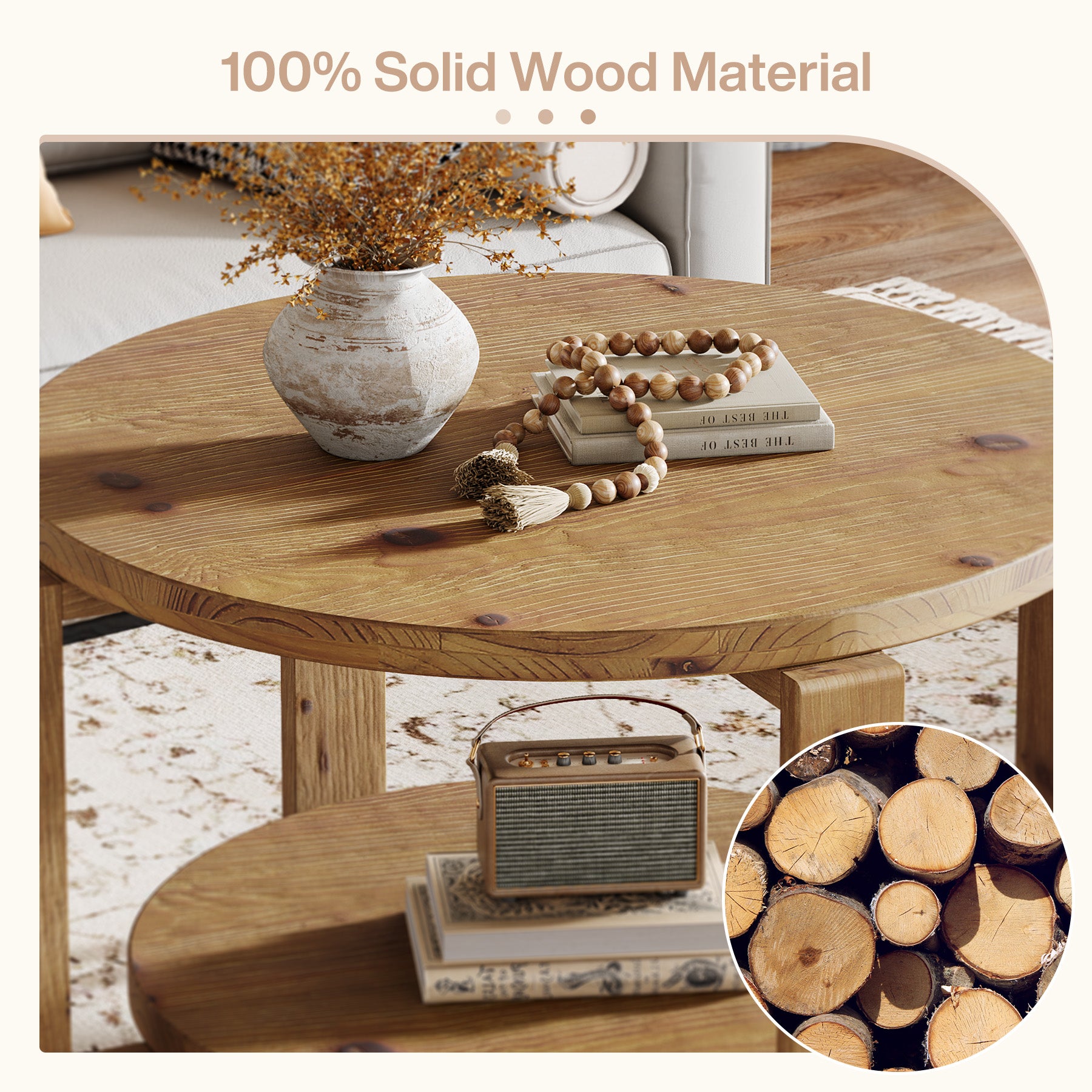 80 cm Ronde Salontafel in Walnoot met Opbergruimte, Mid-Century Accenttafel