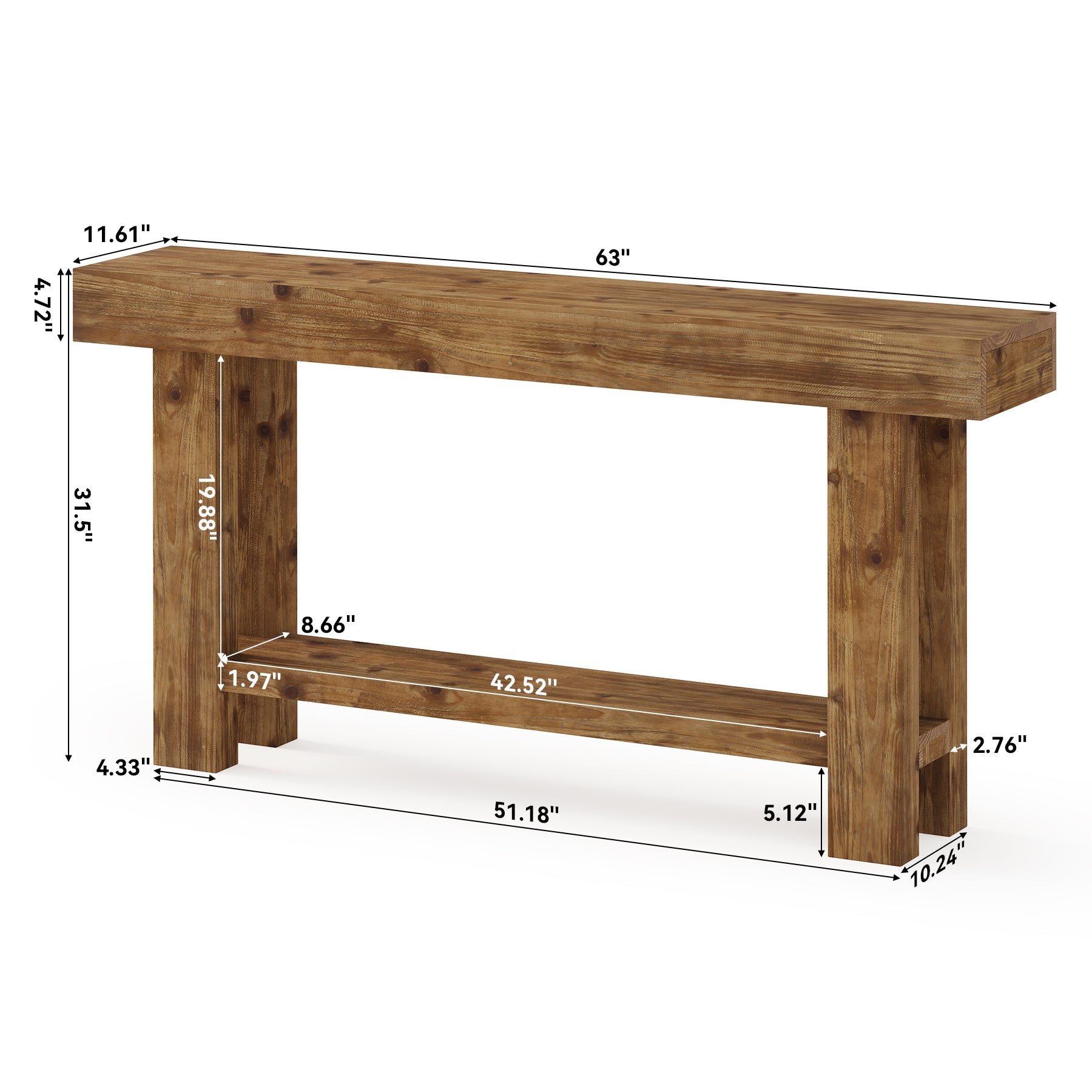 Tribesigns massief houten consoletafel 160 cm, smalle haltafel in landelijke stijl met 2 opbergplanken