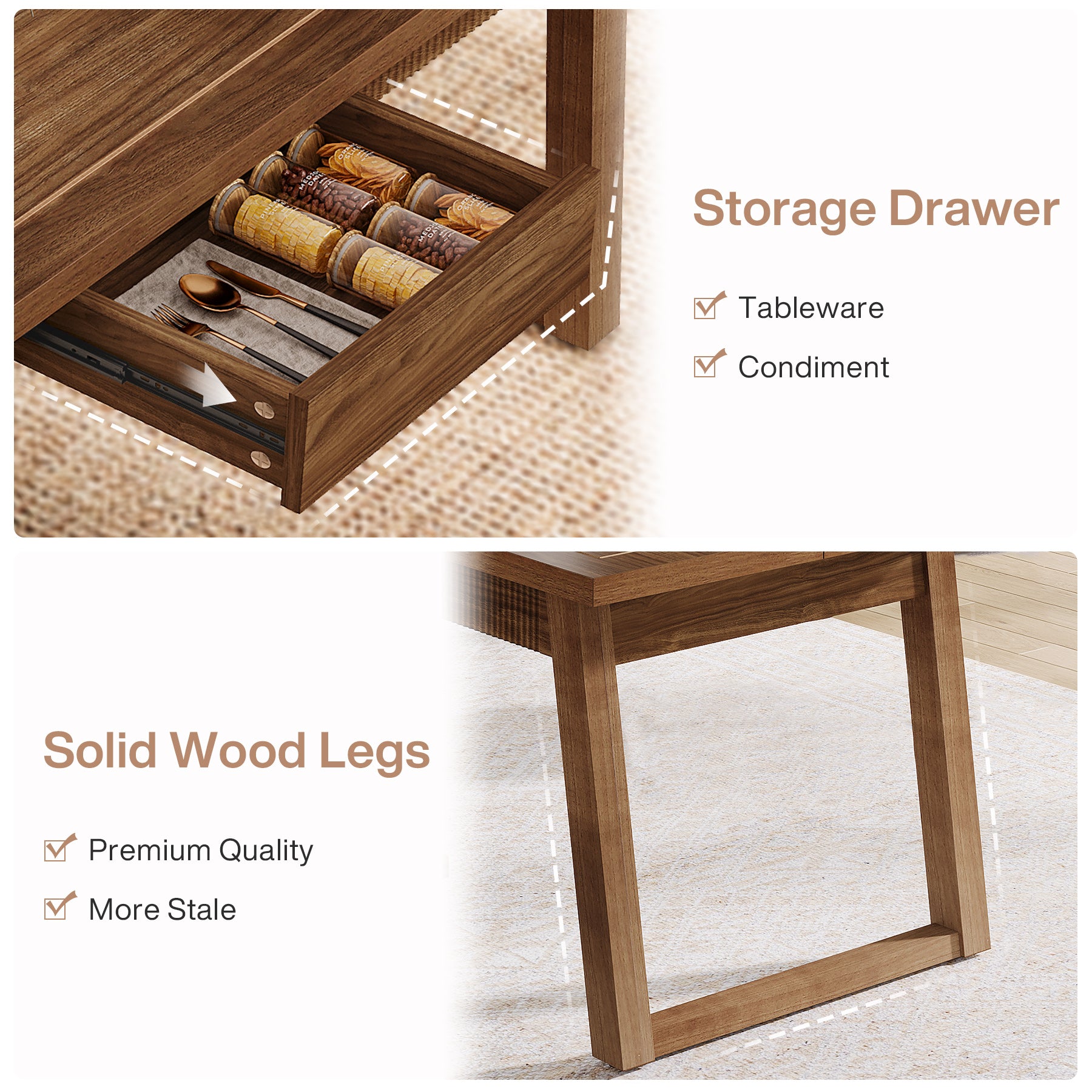 140 cm Rechthoekige Eettafel met Lade, Massief Houten Poten voor 4-6 Personen