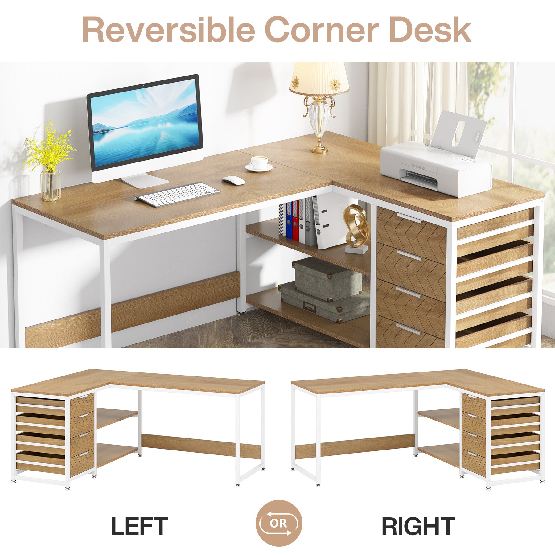 150 cm L-vormig Bureau, Met 4 Laden en 2 Planken voor Kantoor en Werkkamer
