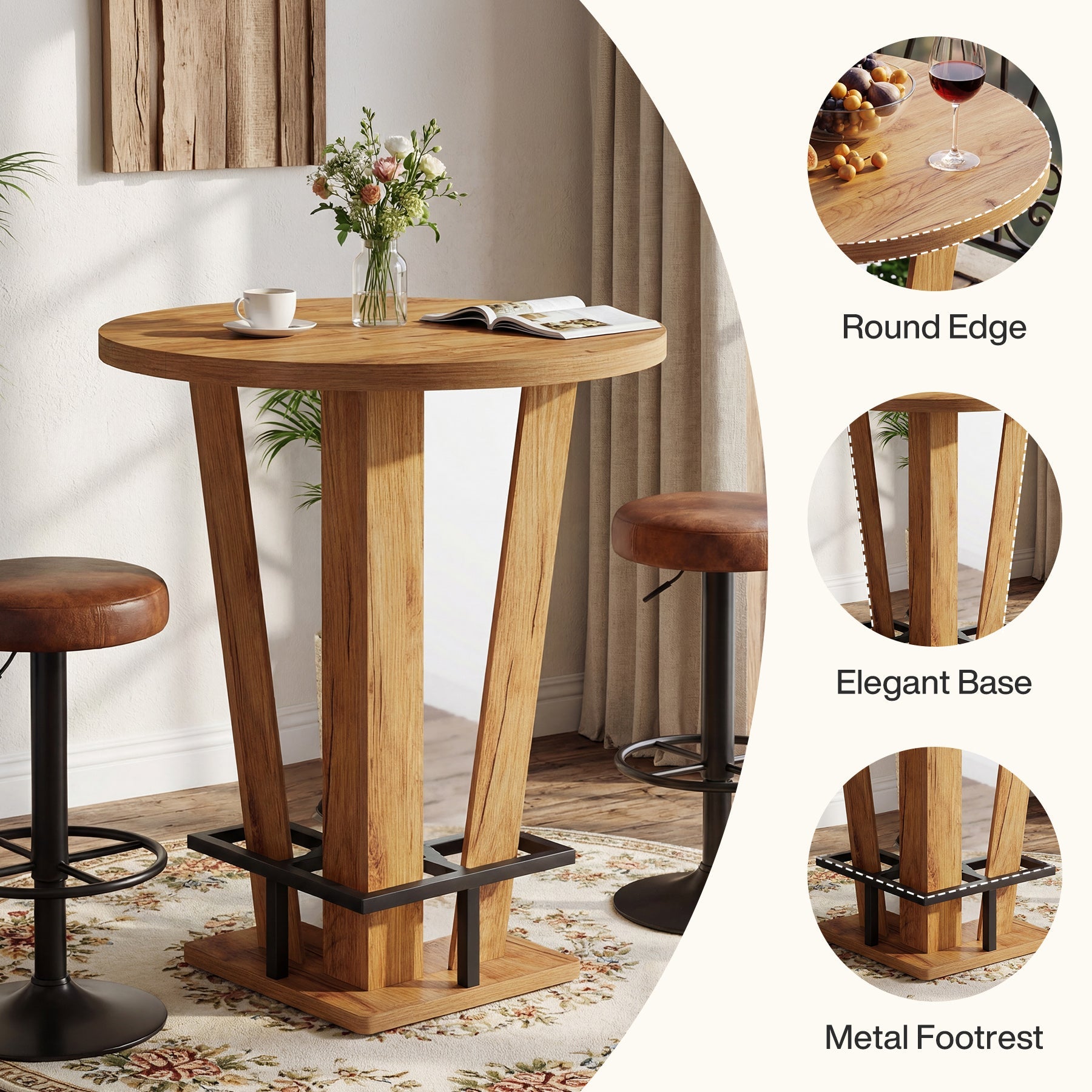 Tribesigns Ronde Sta-tafel 80 cm Ø in modern bar-design, High Top Bistrotafel met Metalen Voetsteun