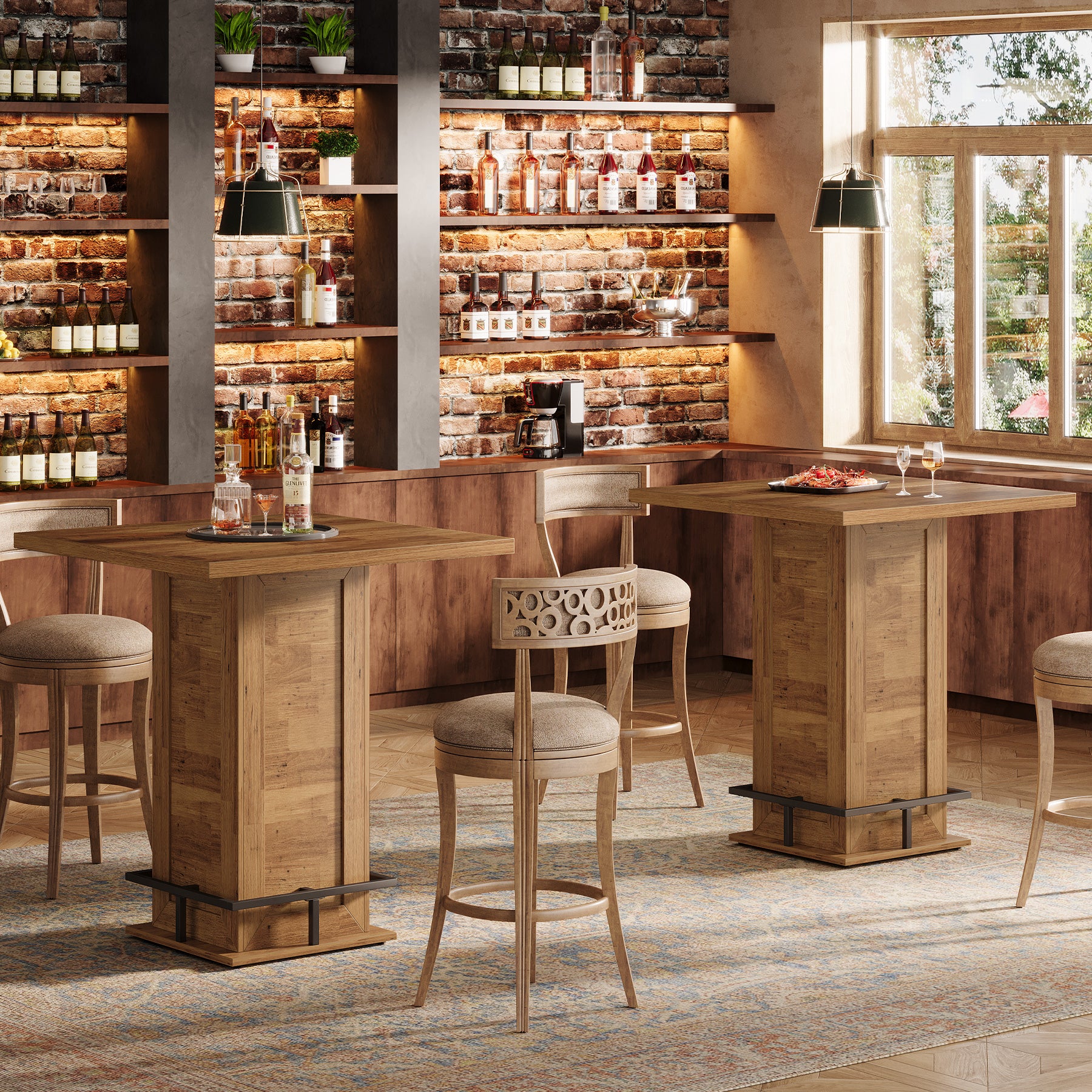100 cm Vierkante Bartafel Industrieel, Hoge Bistrotafel met Voetsteun voor Keuken Bar Kleine Ruimtes