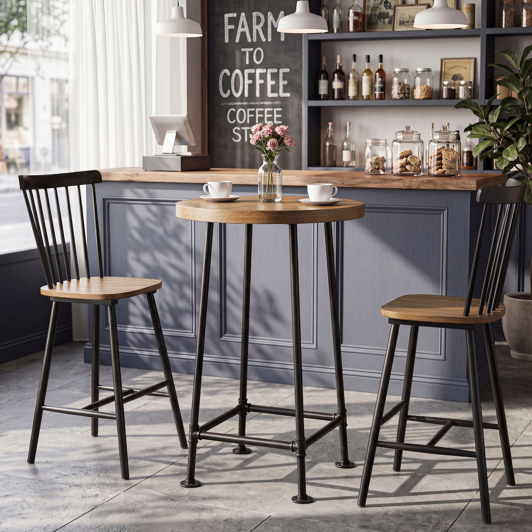 95 cm Ronde Bartafel met Metalen Voetsteun, Industriële Statafel voor Keuken en Bistro (Alleen Tafel)
