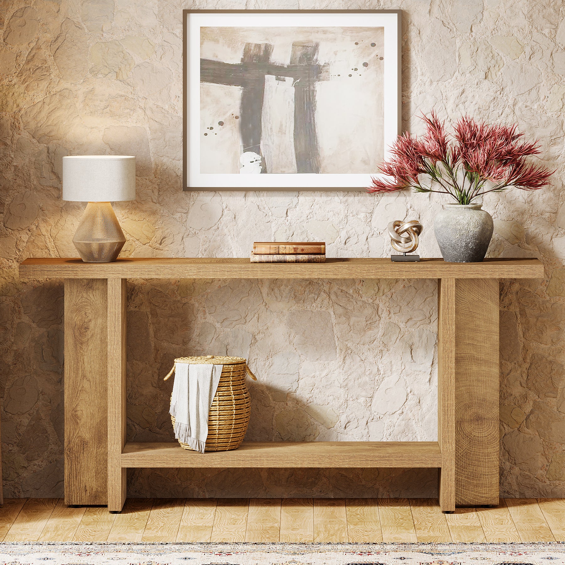 Smal Design Console Meubel, 150 cm Lange Tafel met Plank voor Entree en Woonkamer