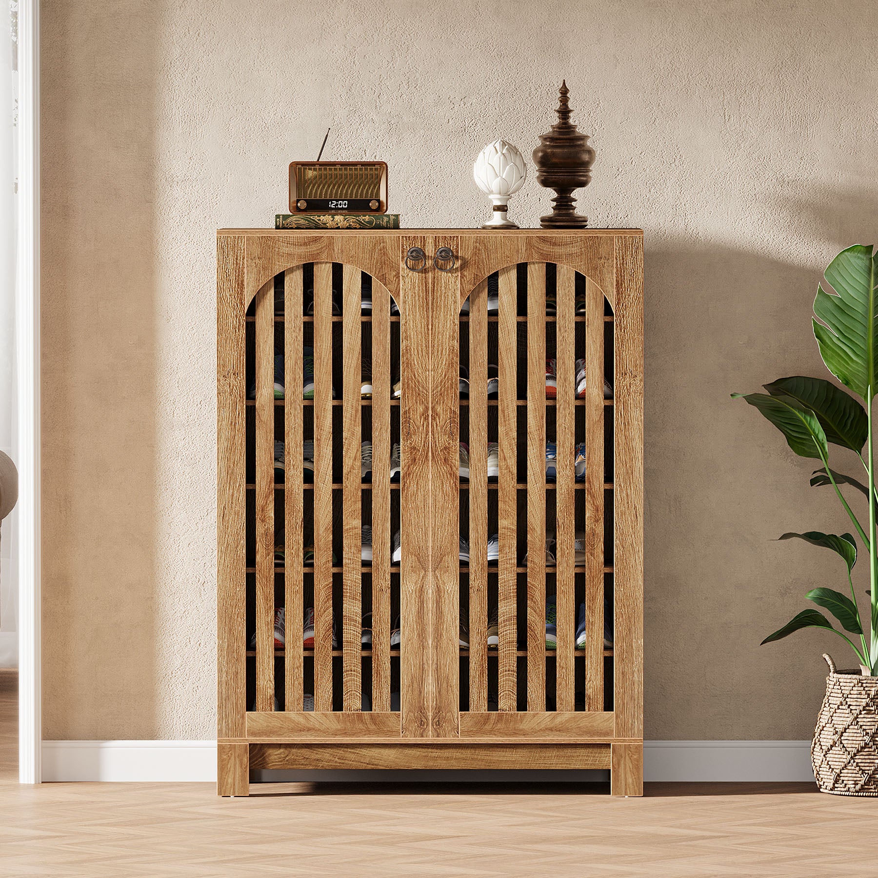 Schoenenkast met 6 Verdiepingen en Lamellendeuren, Houten Organizer voor Entree en Hal