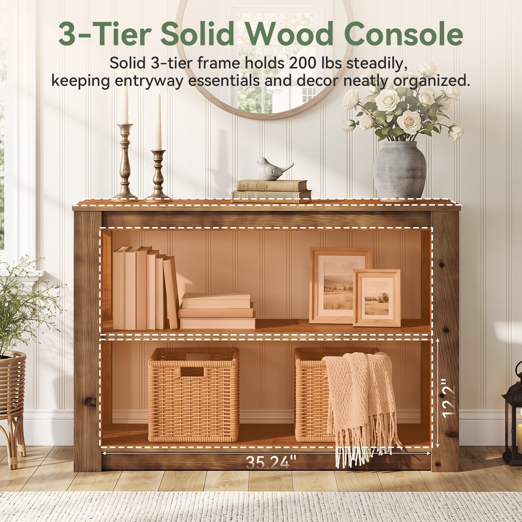 Tribesigns 105 cm massief houten consoletafel met 3 legplanken, smalle haltafel in landelijke stijl