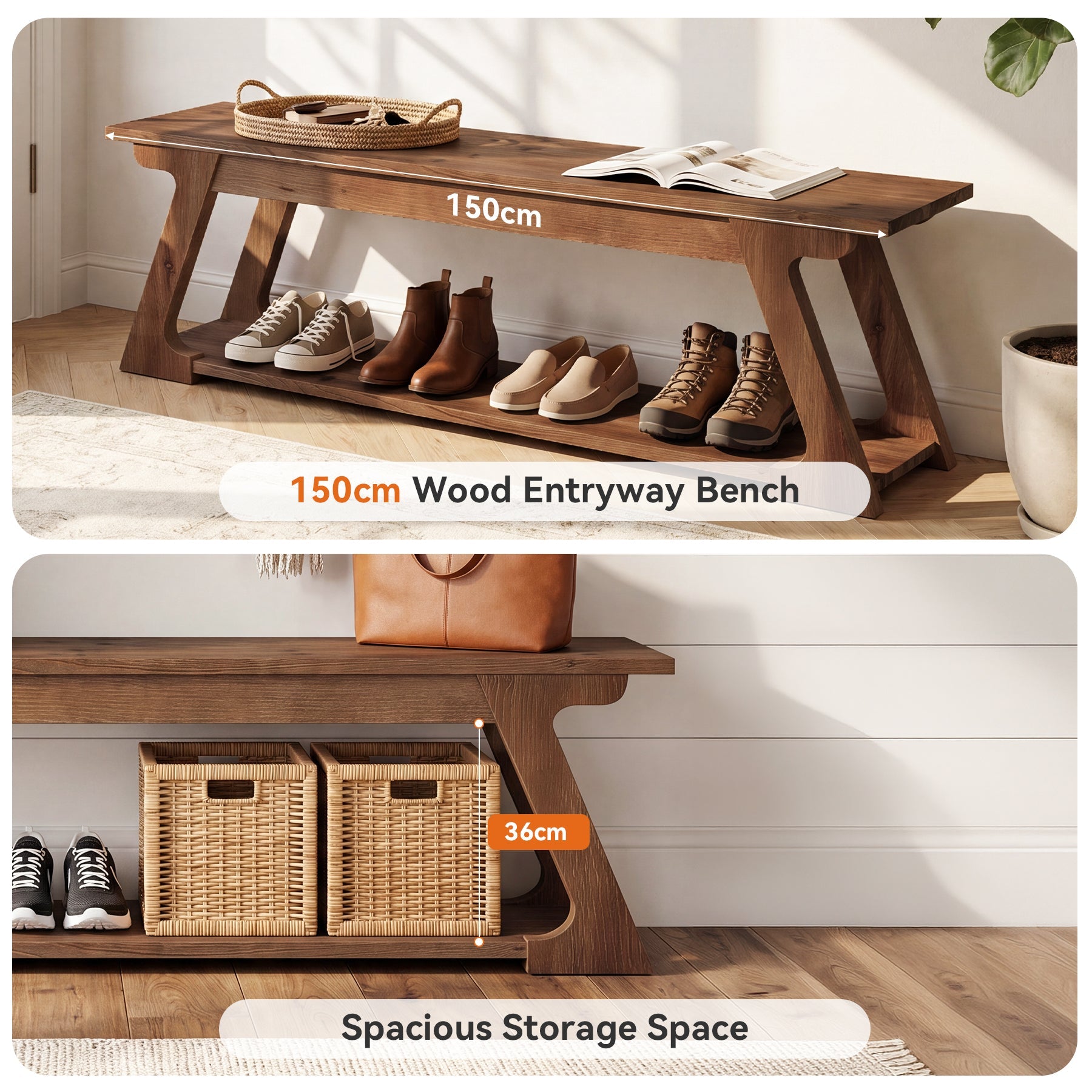 Tribesigns massief houten zitbank 150 cm met plank, landelijke halbank van massief hout