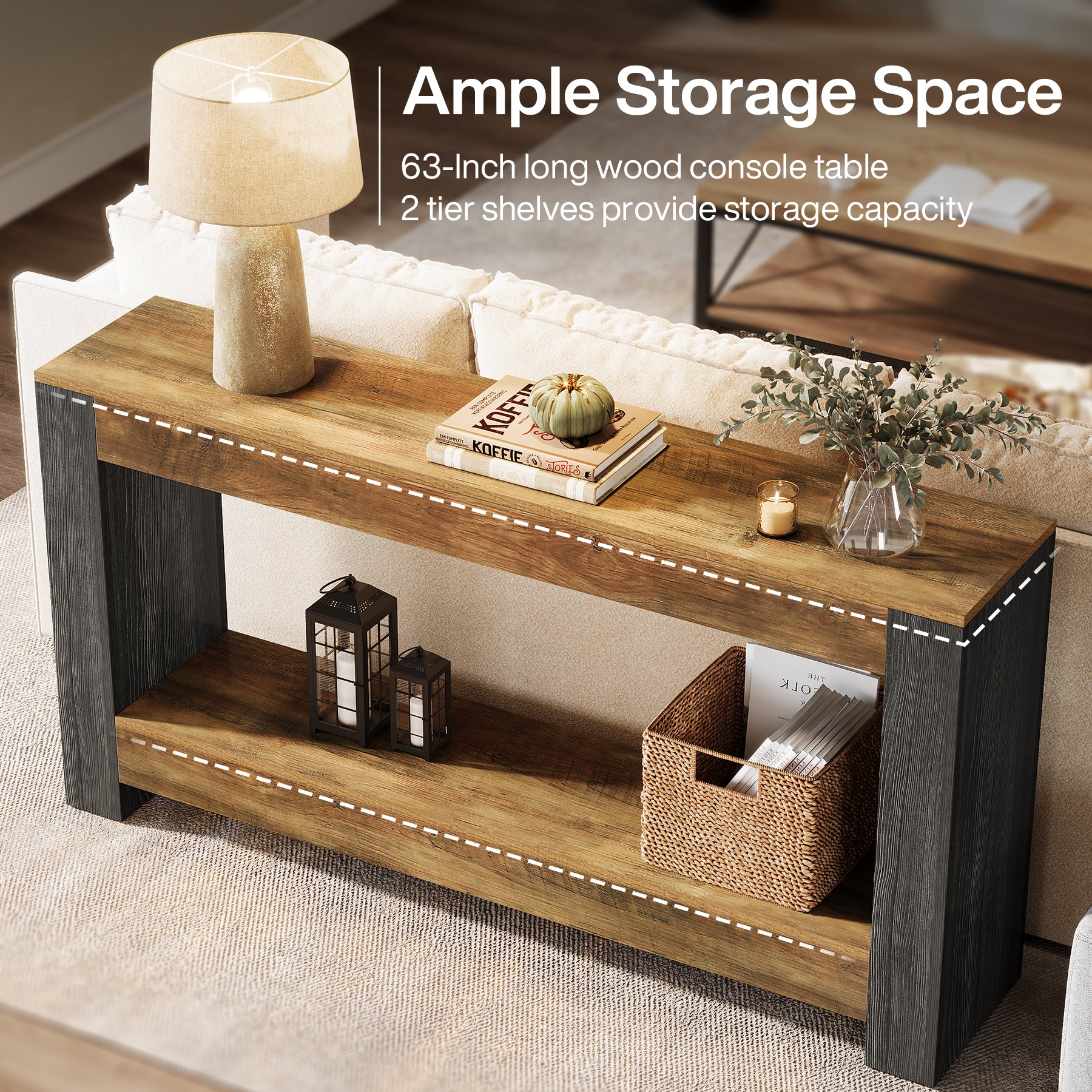 160 cm Landelijke Consoletafel in Rustiek Bruin en Zwart, Houten Sofa- en Haltafel voor Woonkamer en Entree