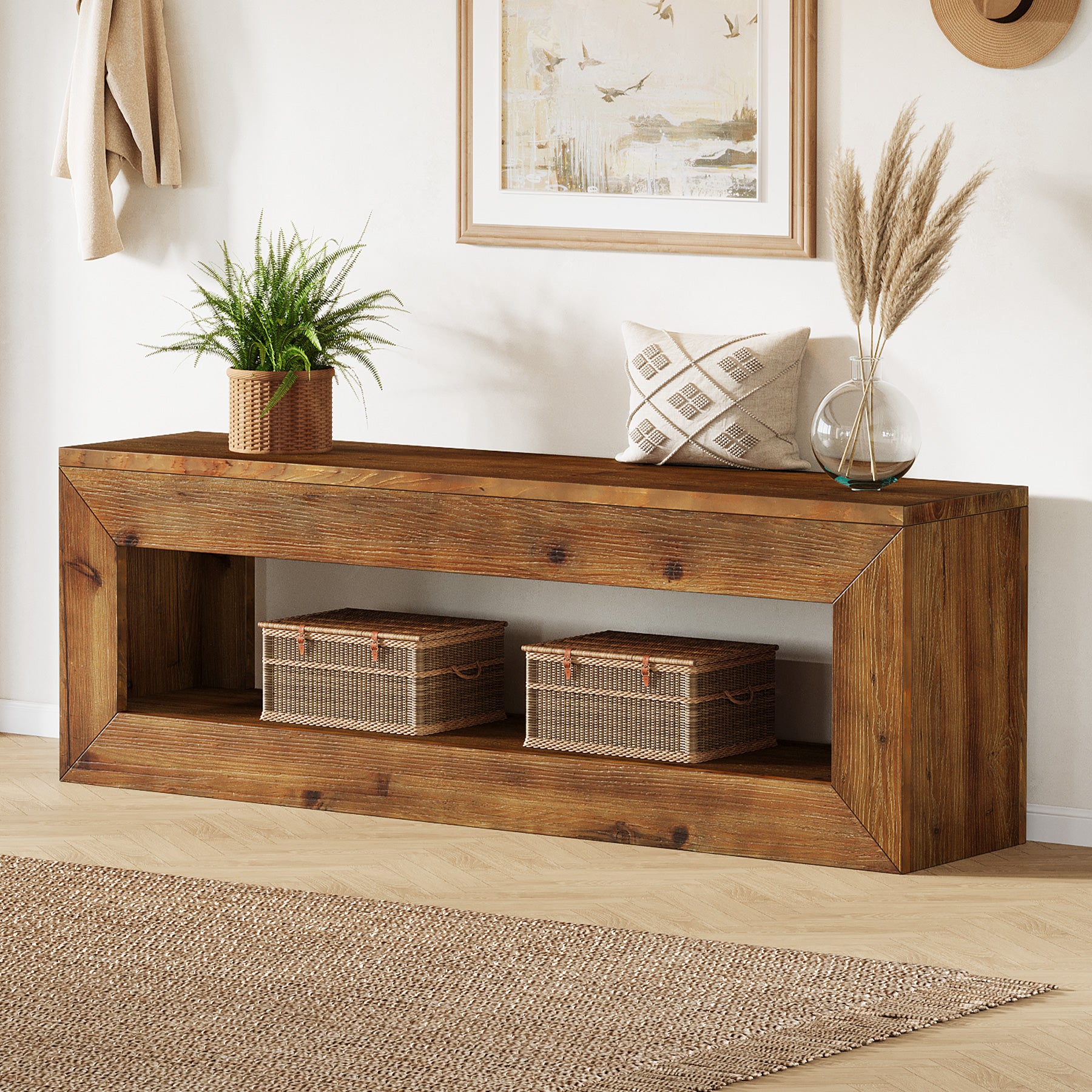 120 cm massief houten halbank met opbergplank, landelijke zitbank voor entree en hal